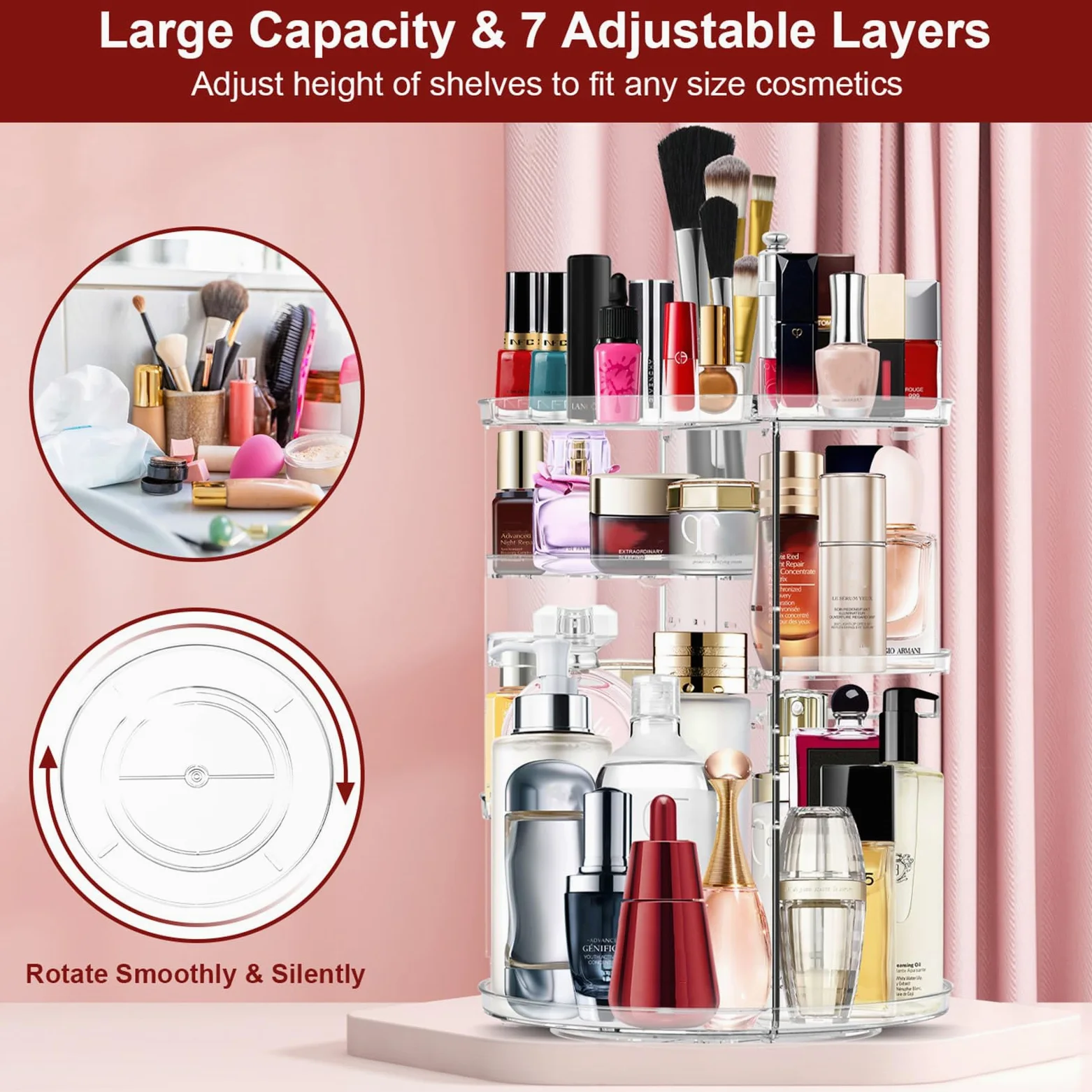 Organizzatore di Trucco, Organizer Bagno Rotazione 360 Gradi Grande Capacità 7 Strati Regolabili in Altezza Adatto per Pennelli da Trucco Rossetti per Camera da Letto, Bagno, Comò o Piano di Lavoro