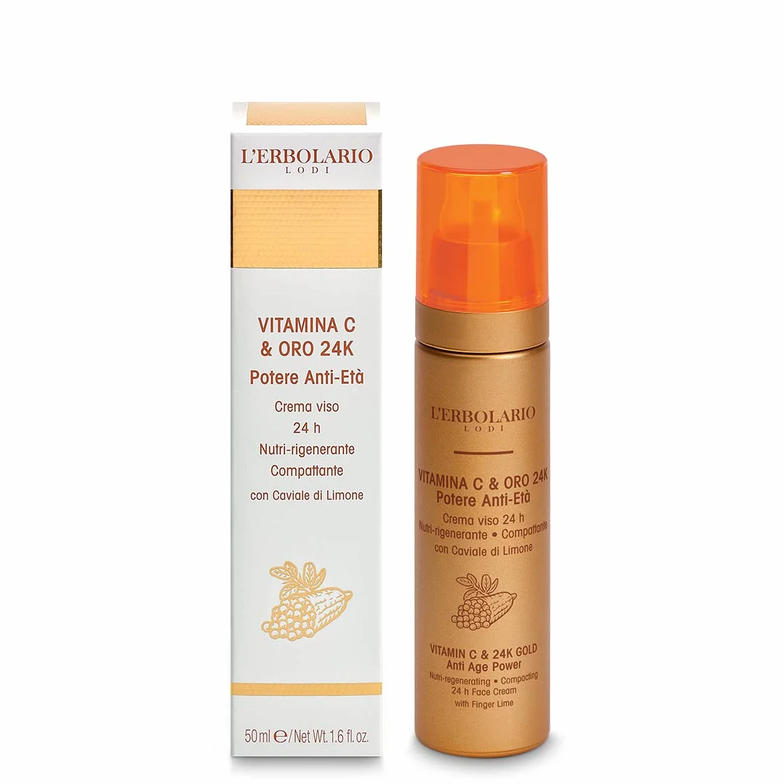 L'Erbolario Crema Viso Giorno e Notte, Vitamina C & Oro 24K, Nutri-Rigenerante Compattante, Iluminante, Potere Anti-Età con Caviale di Limone, Formato 50ml