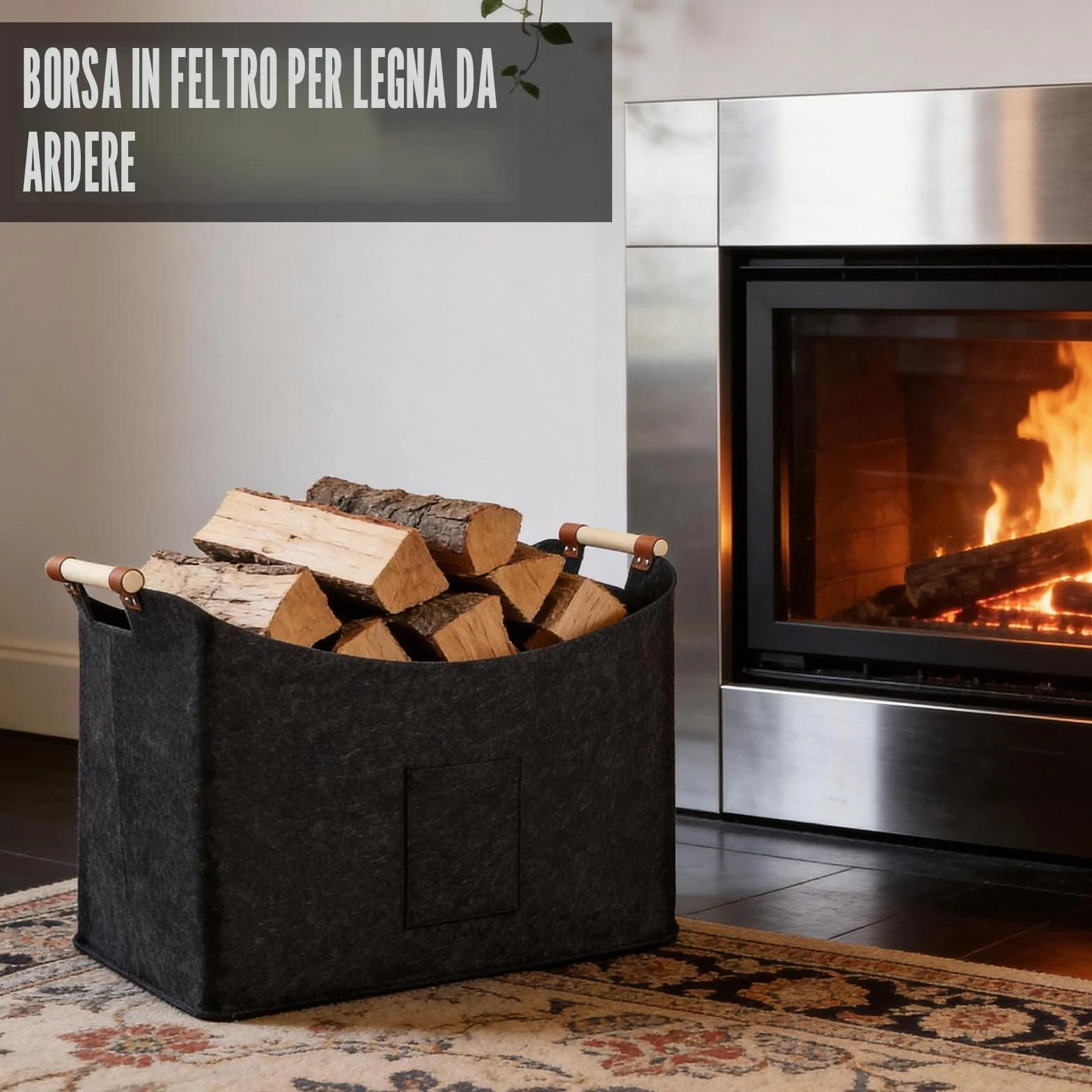 Cestino in Feltro 96L Pieghevole per Legna da Ardere, Extra Spesso, Manico Rinforzato, Grigio Scuro