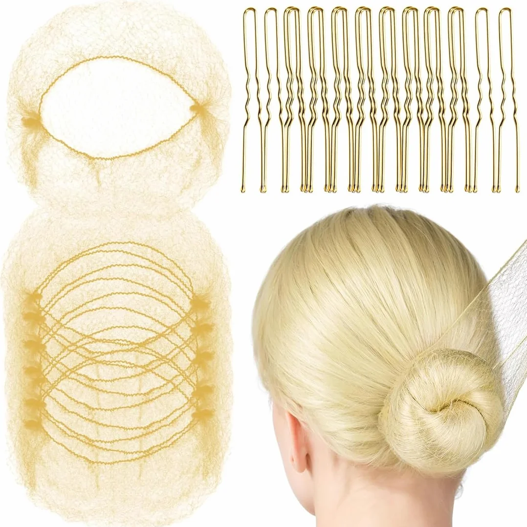 Retine per Capelli Invisibili per Chignon, 20 Retine Invisibili per Capelli con 40 Forcine Per Capelli, Capelli Elasticizzati, per Balletto, Danza, Infermiera, Donna (Oro)