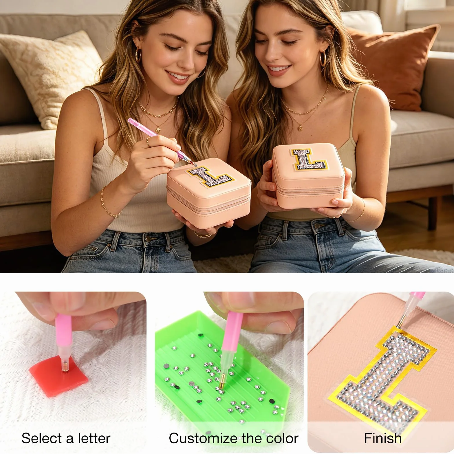 VINATO Portagioielli Personalizzabile con Lettere Diamantate 10x10x5 cm DIY Scatola Porta Gioielli da Viaggio in Pelle PU Rosa