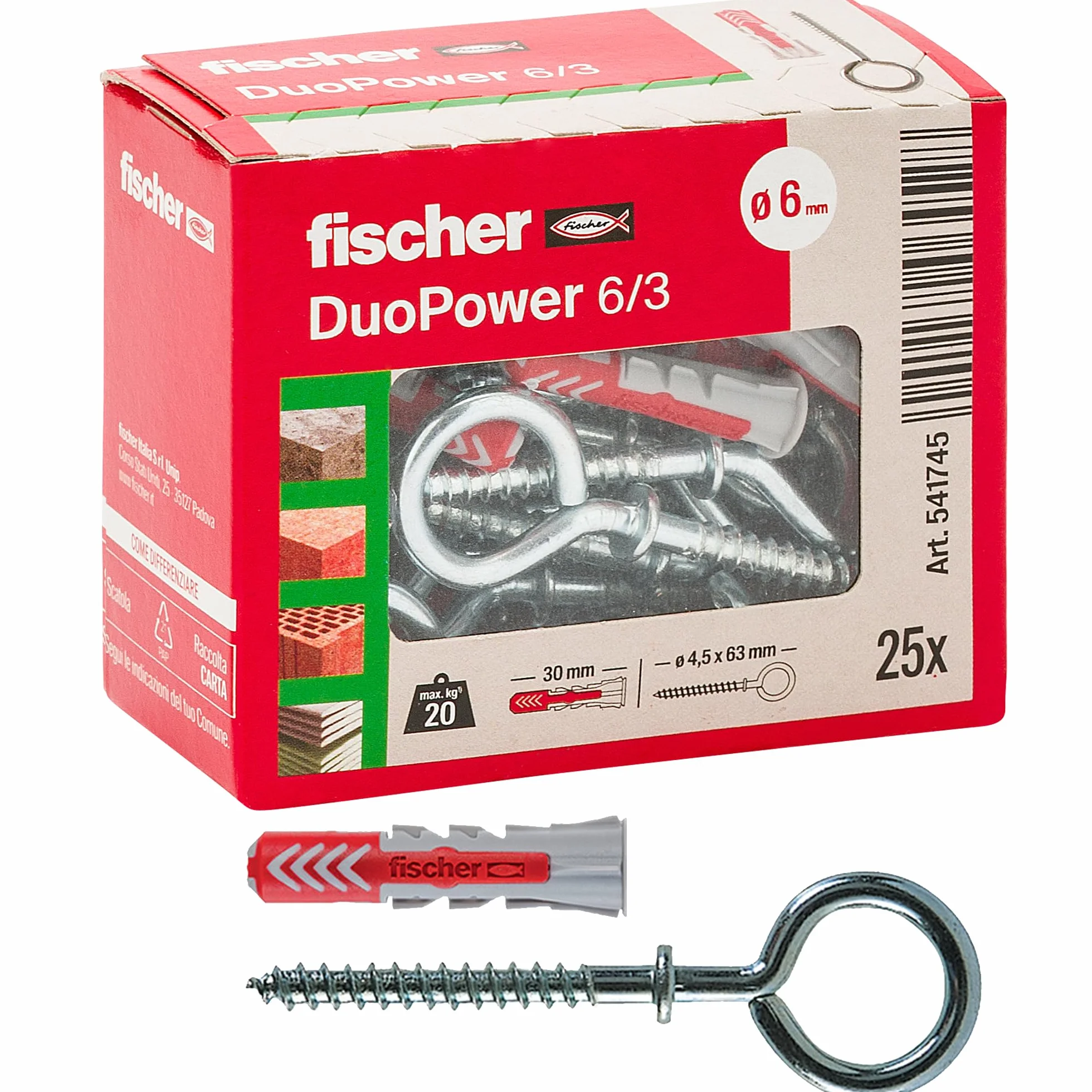 Fischer DuoPower 25 Tasselli 6 x 30 mm Universali Muro Pieno Mattone Forato Cartongesso