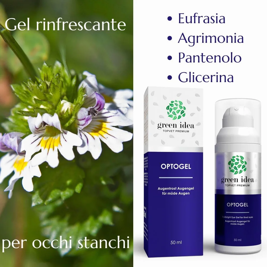 Green idea - Gel Contorno Occhi Rinfrescante - OPTOGEL - con Euphralia, Agrimonia e Pantenolo - Occhi Stanchi e Secchi - Occhi irritati e stressati - Crema palpebrale - 50 ml