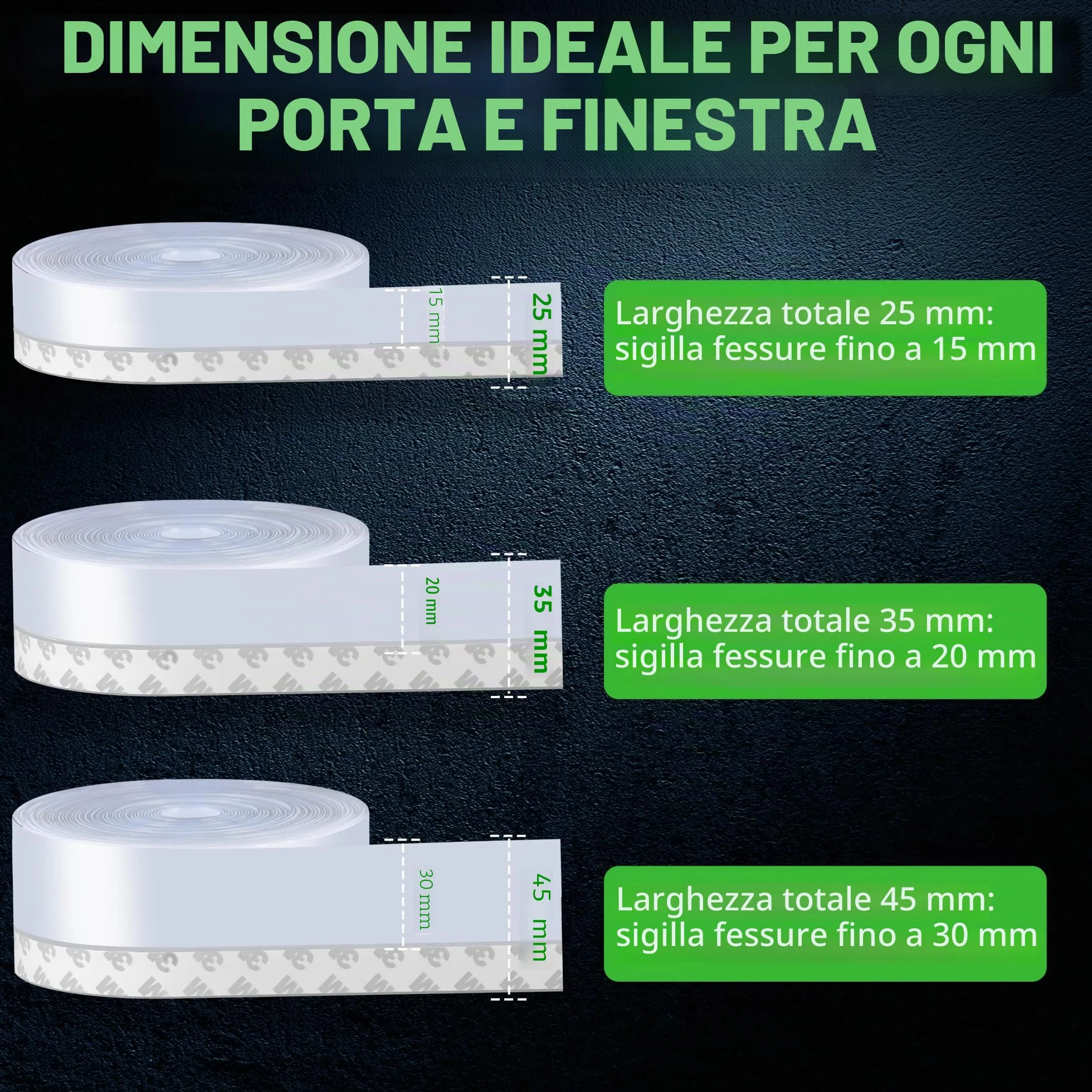 Guarnizione porta finestre in silicone trasparente adesiva 35mm per fessure fino a 20mm