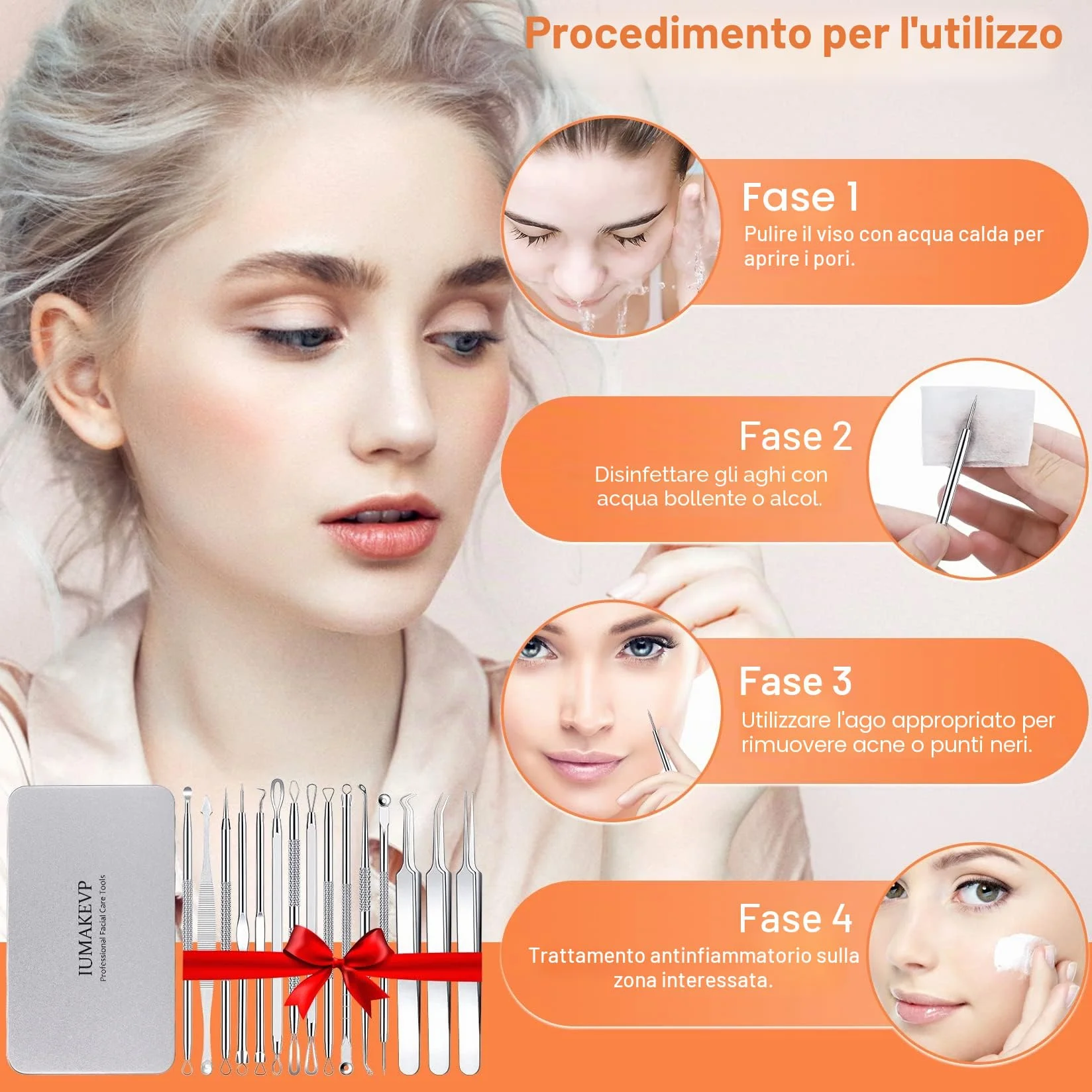 Kit di Strumenti per la Rimozione dei Punti Neri [15 Pezzi], IUMAKEVP Estrattori per Brufoli Professionale in Acciaio Inossidabile per il Trattamento e la Togli di Comedoni e Acne sul Viso (Argento)