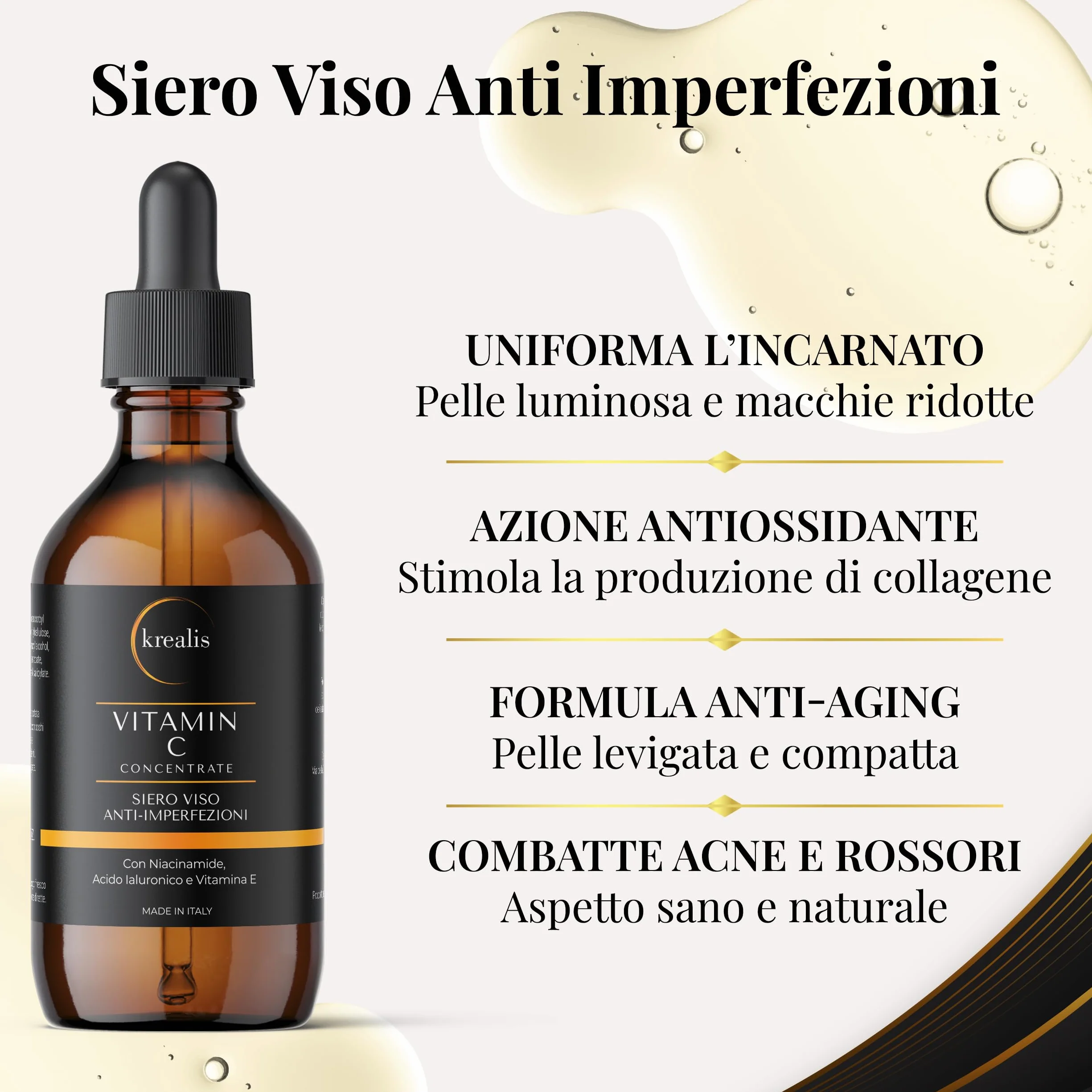 KREALIS •100ml• Siero Vitamina C Viso Acido Ialuronico con Niacinamide, Vitamina E, Aloe Bio, Antimacchia, Anti Imperfezioni, Siero Viso Contorno Occhi Antirughe E Occhiaie