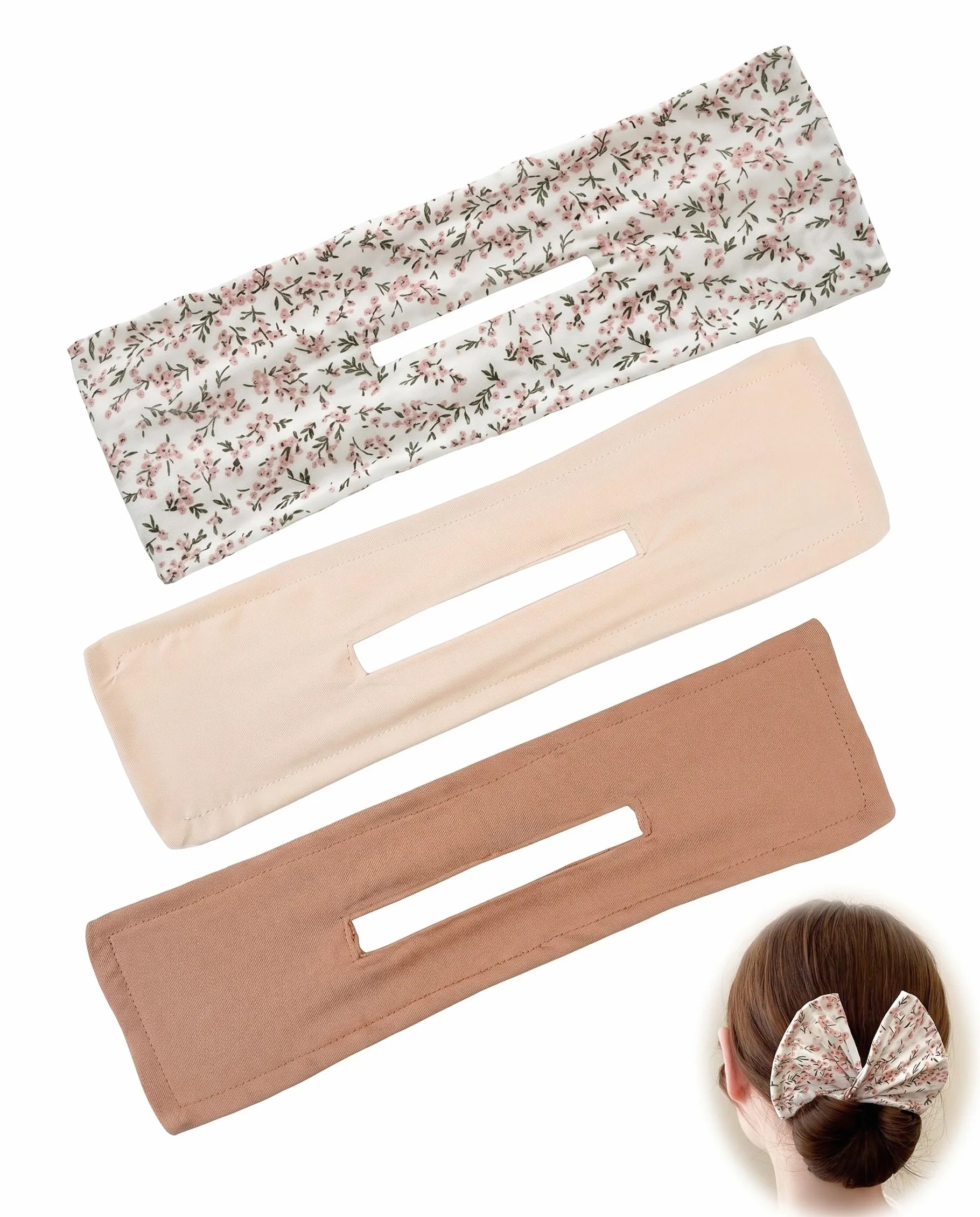 Fermagli Chignon Facile per Capelli 3 Pezzi Beige, Khaki, Motivo Floreale. Creatore Ciambella Senza Calore per Acconciature Veloci Eleganti Donna e Ragazza.