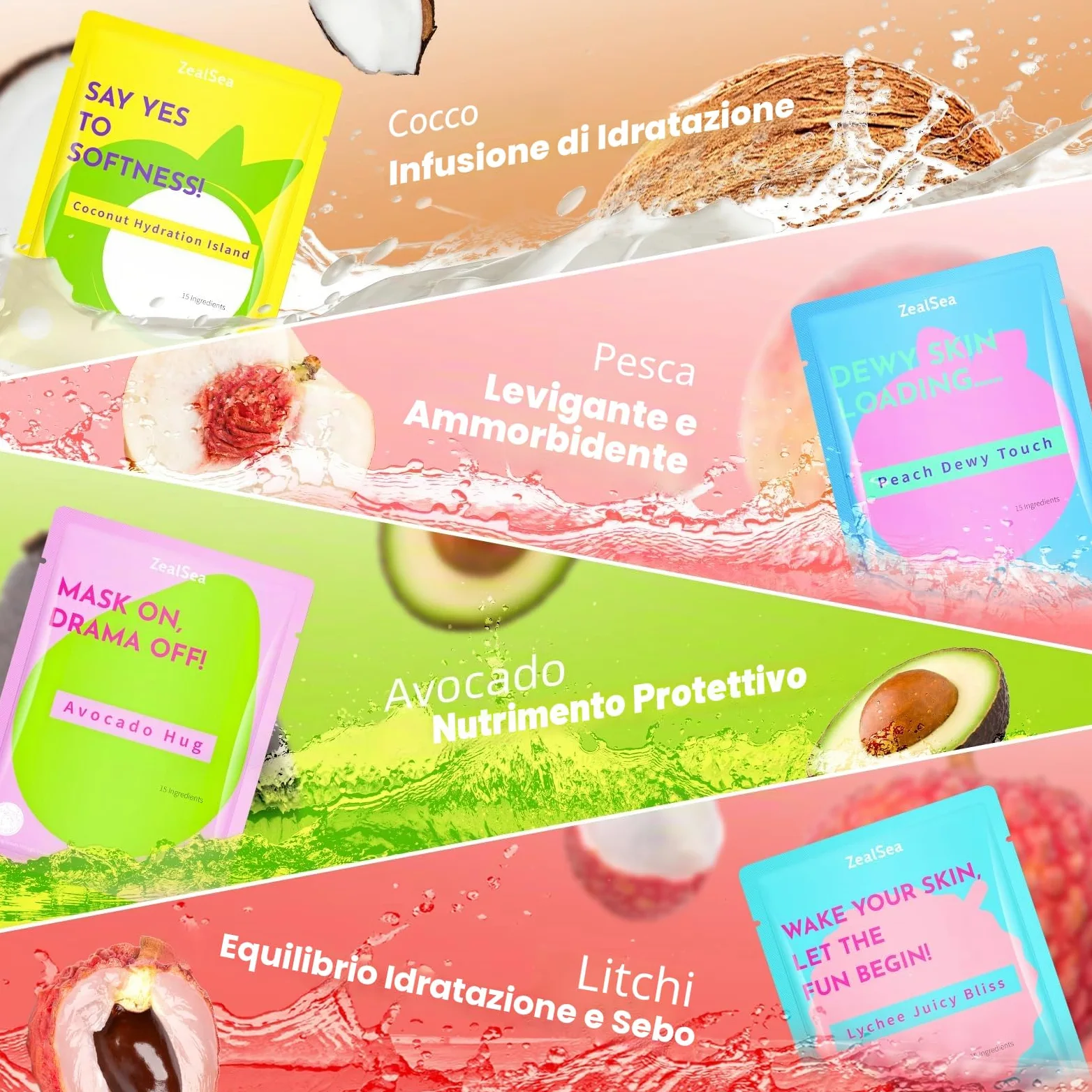 ZealSea EWG Maschere viso in tessuto, set da 21, regalo spa party per teens | Maschere clean beauty con 15 ingredienti, design color dopamine, per spa, pigiama party e sleepover, regali trendy per donne