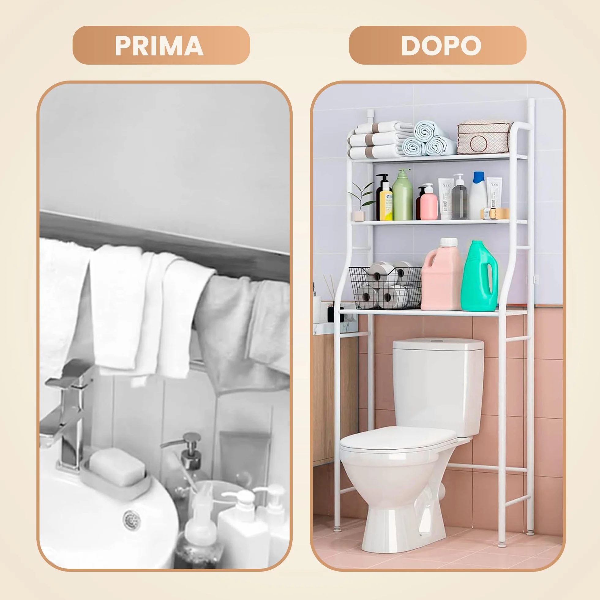JUPPLIES Mobile Sopra WC Bagno 3 Ripiani Salvaspazio Scaffale Sopra Toilette Metallo 47x26x153cm Piedi Regolabili Anti-Ribaltamento