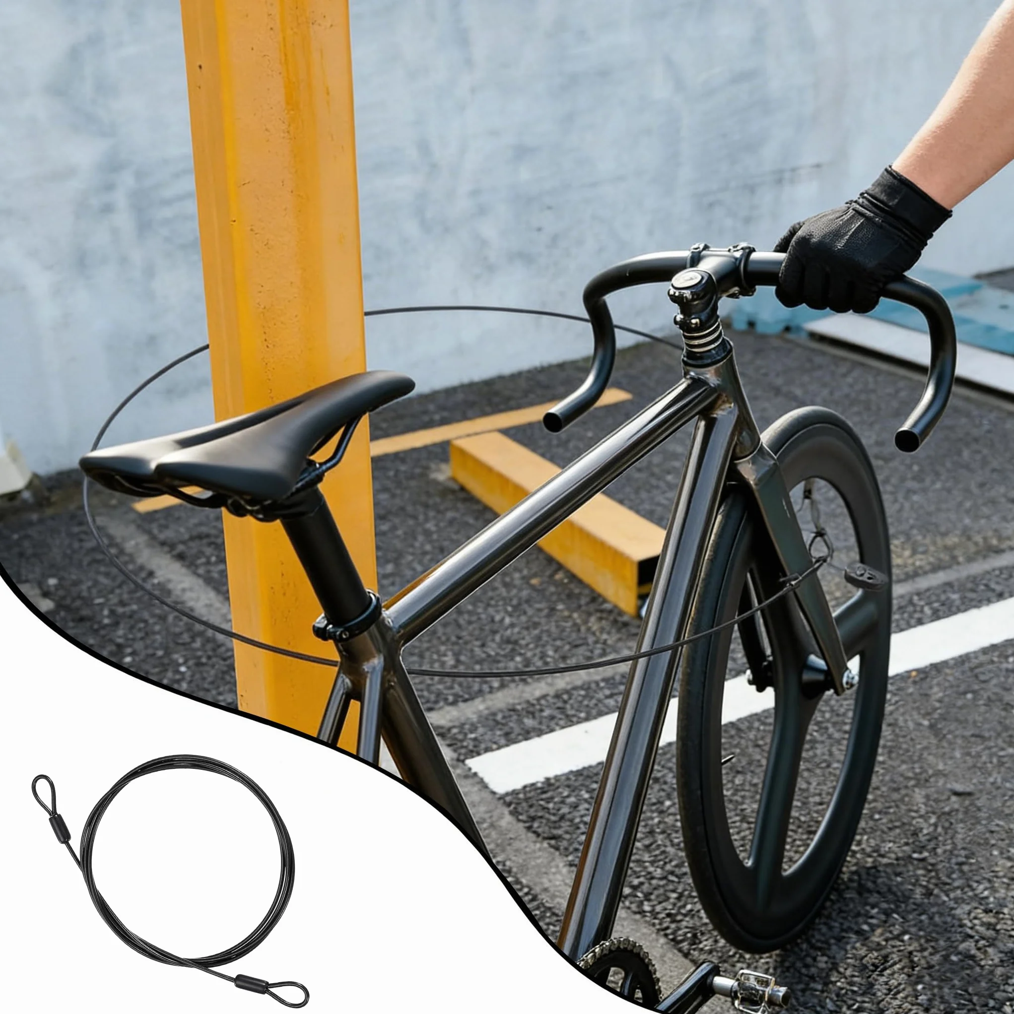 Cavo in acciaio con occhiello 2M x 5mm per lucchetto da bicicletta, rimorchio, nero