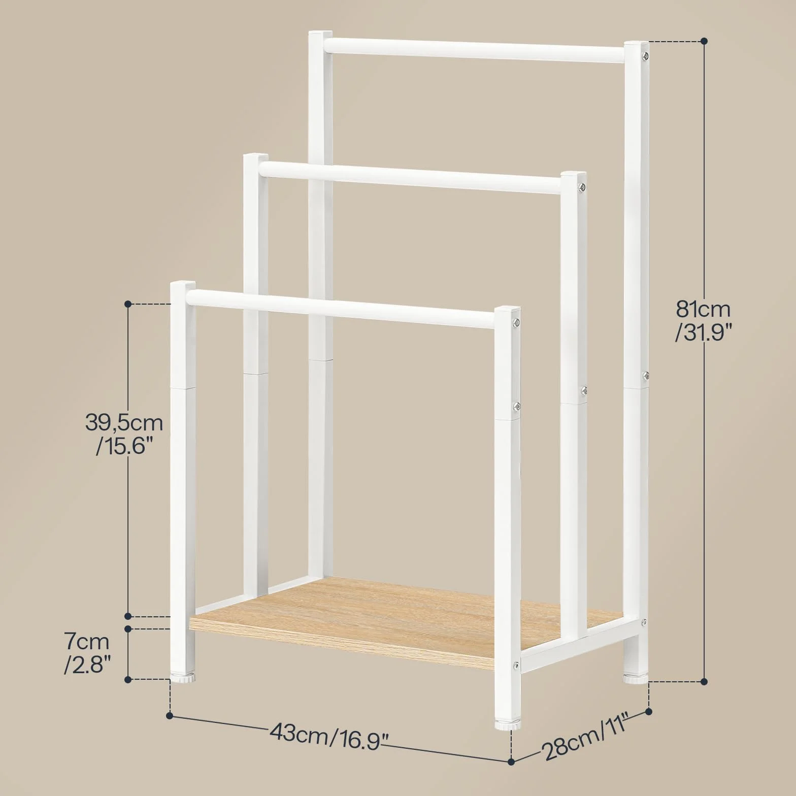 HOOBRO Portasciugamani Autoportante 3 Bracci 43x28x81 cm Bianco Naturale