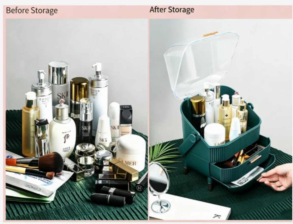 Organizzatore per Trucchi, Organizer per Trucchi con più Cassetti, Contenitore Antipolvere E Impermeabile per Prodotti per La Cura della Pelle per Il Bagno, Bianco Dark Green