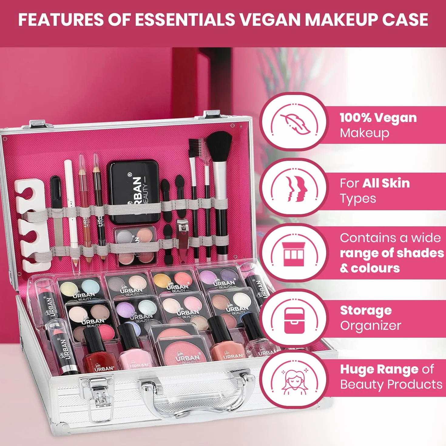 LOVE URBAN BEAUTY Trousse per trucchi – Set trucco da 64 pezzi per adolescenti – Elegante scatola d'argento – Design compatto e leggero – Set trucco da donna adatto ai viaggi