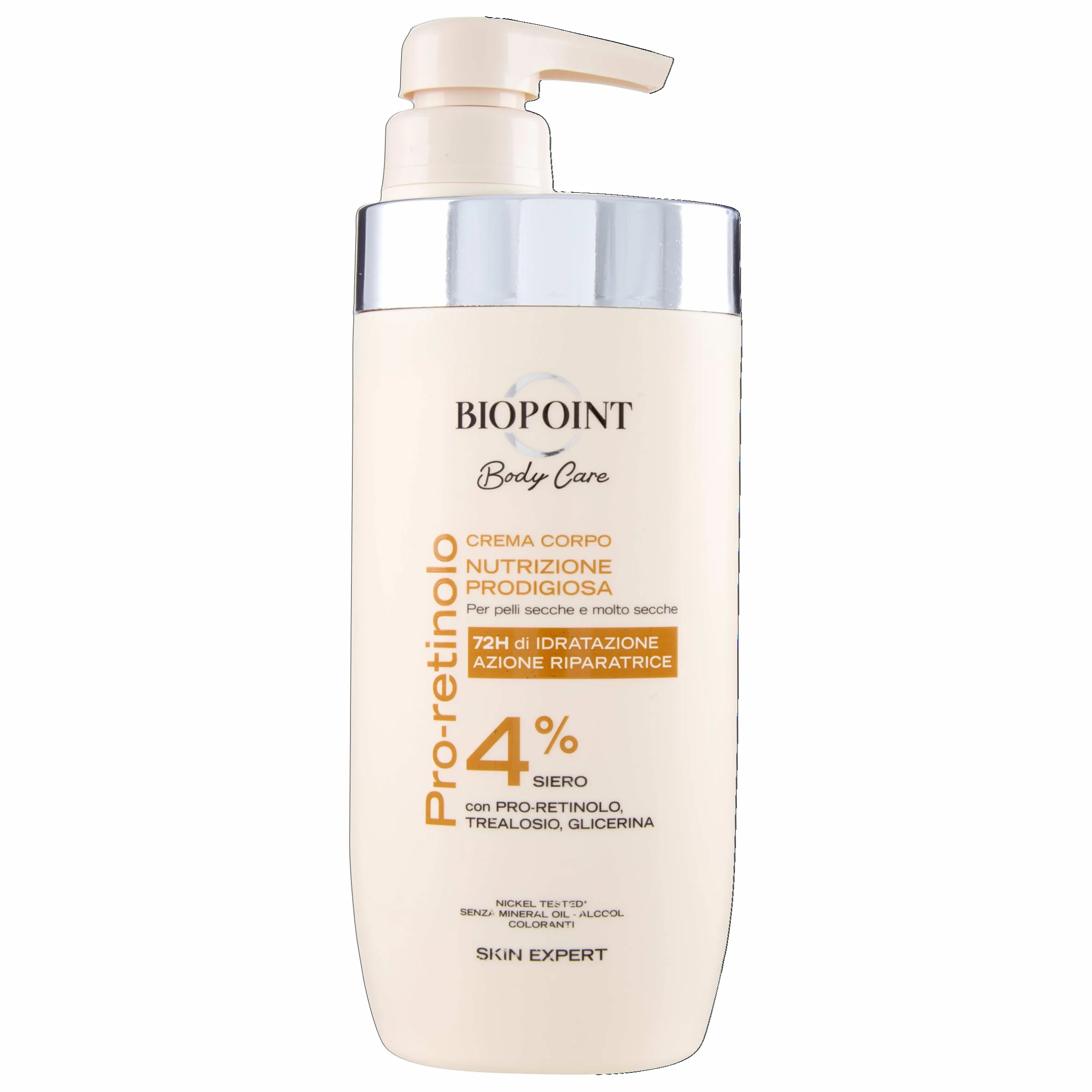 Biopoint Nutrizione Prodigiosa - Crema Corpo Idratante per Pelle Secca e Molto Secca, 4% Siero con Pro-Retinolo, Azione Nutriente e Protettiva, Dona Elasticità e Morbidezza, 72h di Idratazione, 500 ml