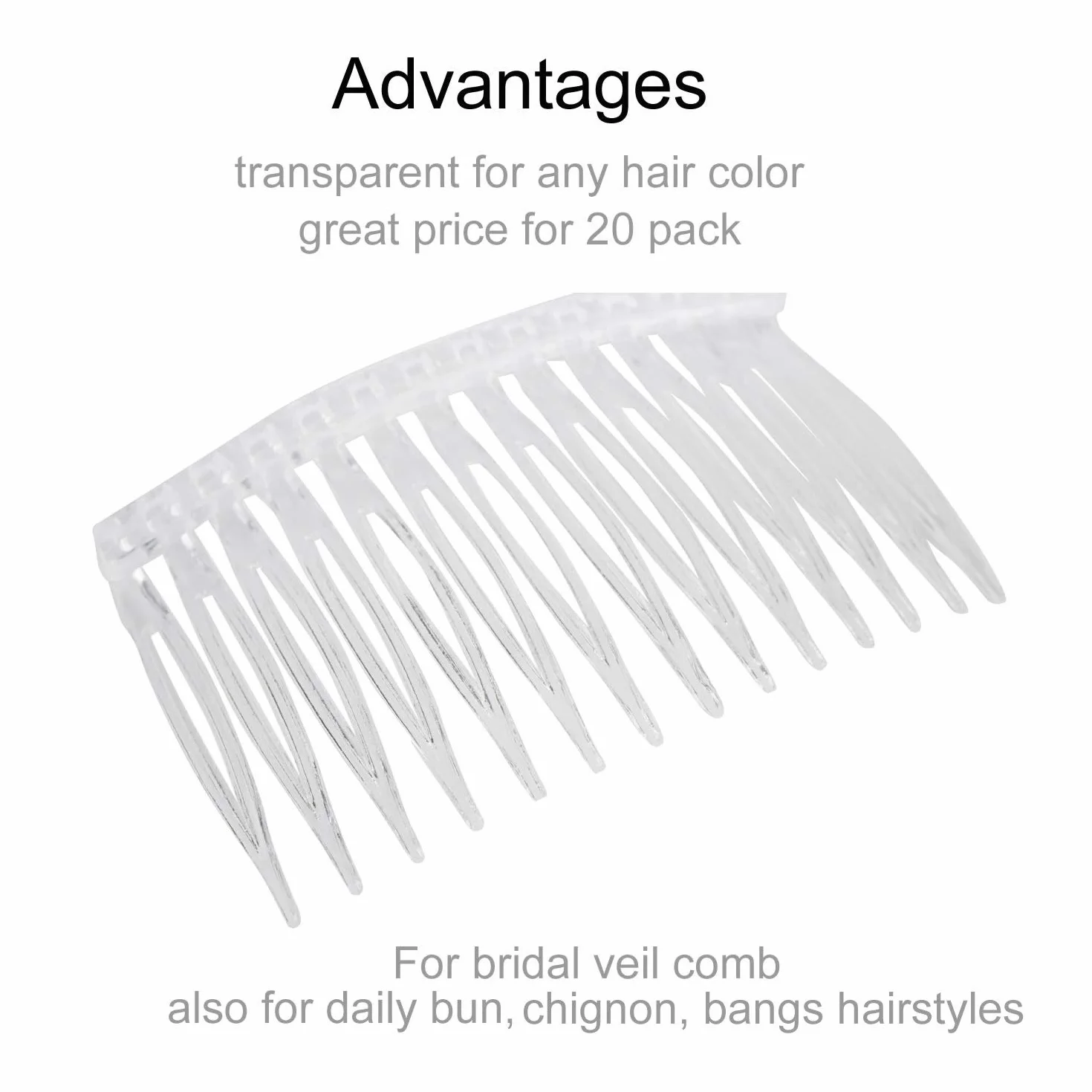 Confezione da 20 piccoli pettini laterali in plastica trasparente con denti lunghi, forcine per capelli, fermagli per capelli, per donne, velo da sposa, decorativo, fai da te, accessori per chignon