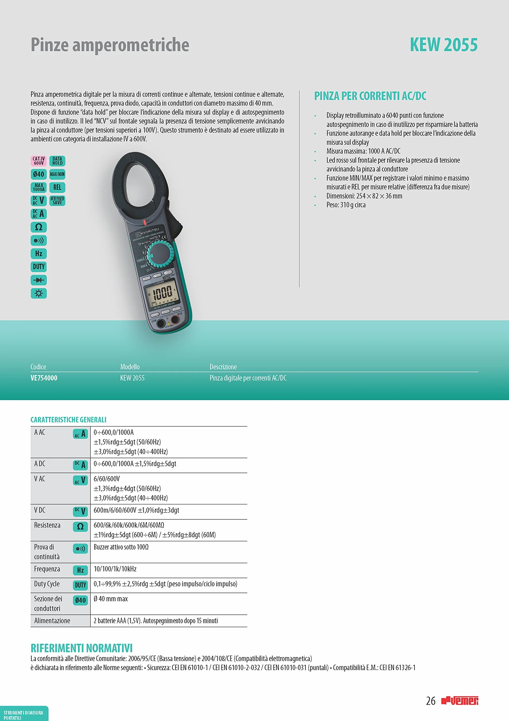 Kyoritsu KEW 2055 Pinza amperometrica digitale AC/DC tensione resistenza continuità prova diodo frequenza capacità grigio