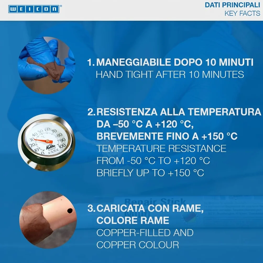 Weicon Barretta Rame 57G Adesivo Base Resina Epossidica Riparazione Tubi Cavi Resistente Calore