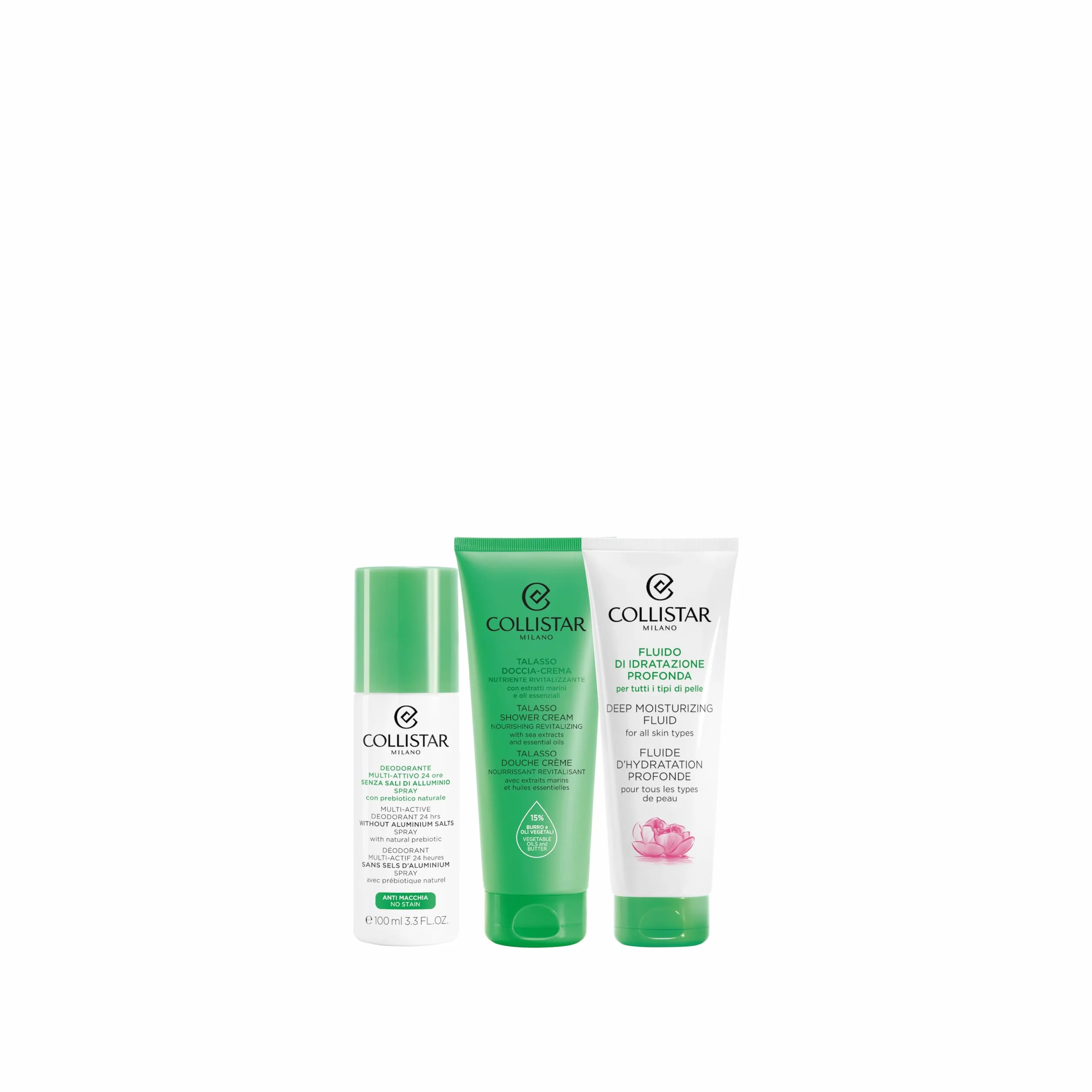 Collistar Cofanetto Regalo Corpo Donna, Deodorante + Fluido Idratazione Profonda + Talasso Doccia-Crema 100 ml, Idratazione Profonda, Formato Viaggio