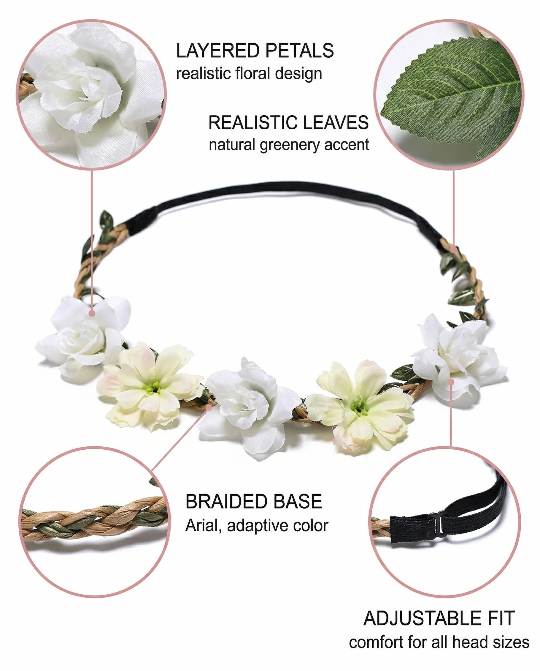 4 Pezzi Coroncine Fiori Capelli Set, Fascia Corona Fiori Regolabile Cerchietto Floreale per Matrimoni, Festival, Feste a Tema, Accessorio Bohémien Donna e Ragazza