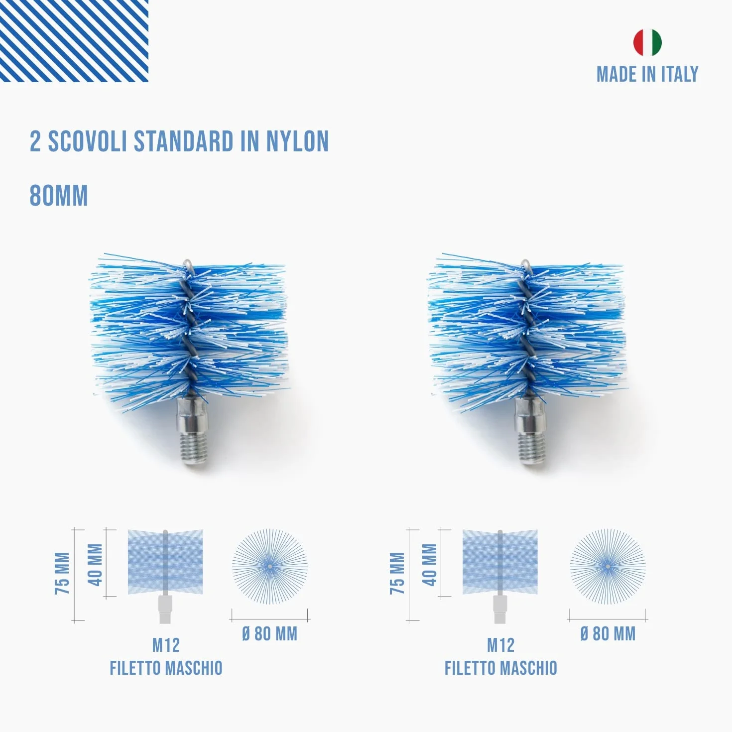 BARETTO 2 Spazzole Pulizia Stufa a Pellet Ø 80 mm Attacco M12