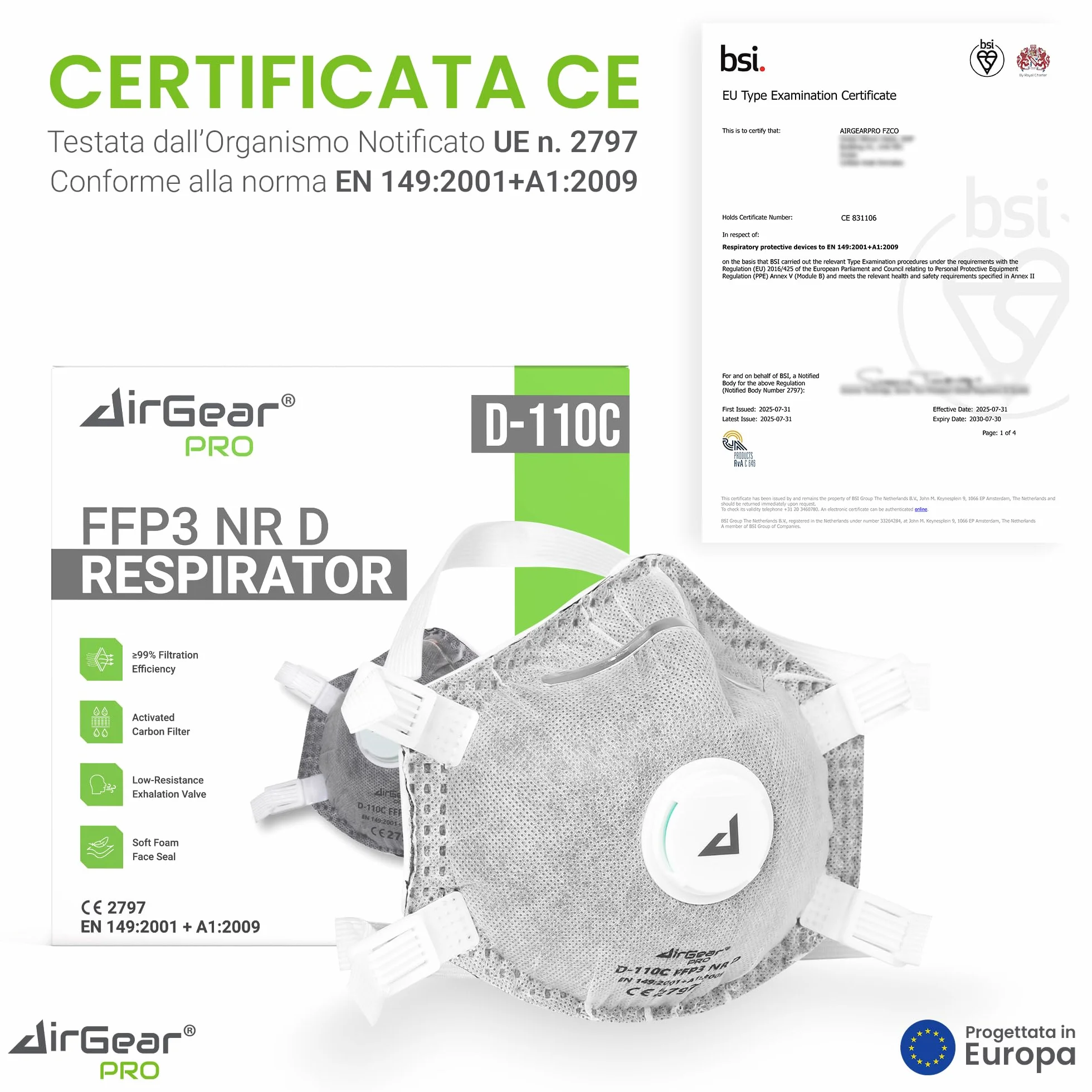 AirGearPro Mascherina FFP3 con Valvola – Maschera Antipolvere per Polveri Sottili con Carbone Attivo – 5 Pezzi