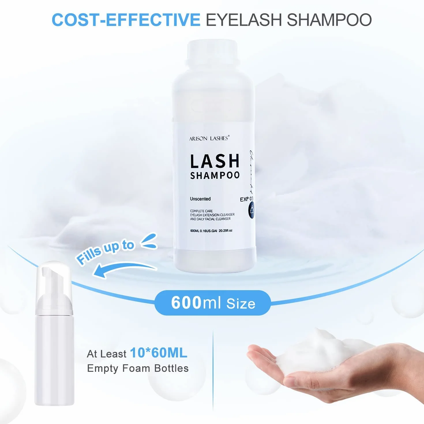 Shampoo, shampoo per ciglia per extension ciglia, detergente per ciglia, detergente per ciglia, 600 ml