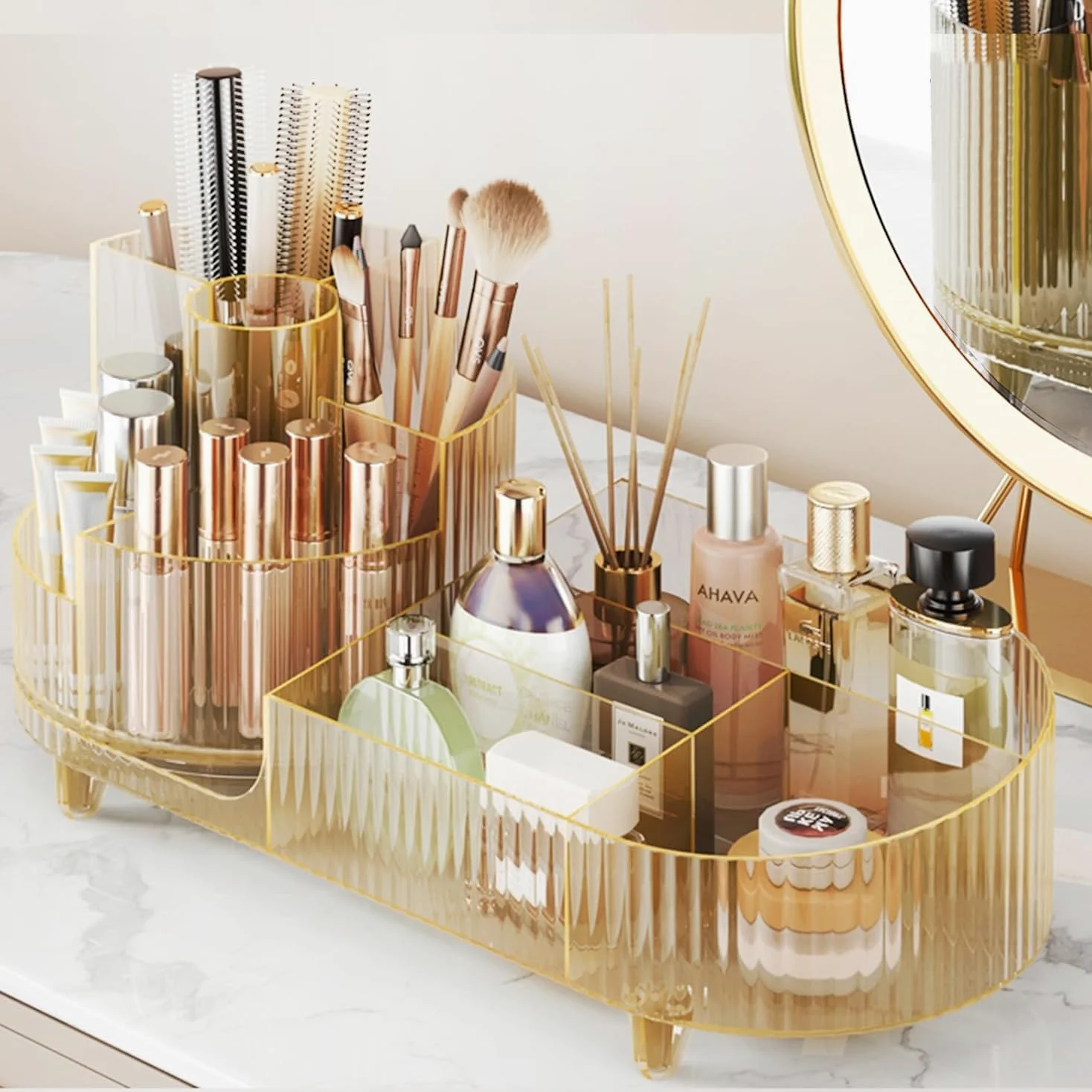 Organizer per trucchi girevole a 360° con porta pennelli, grande capacità, per cosmetici, piano di lavoro, camera da letto (oro)