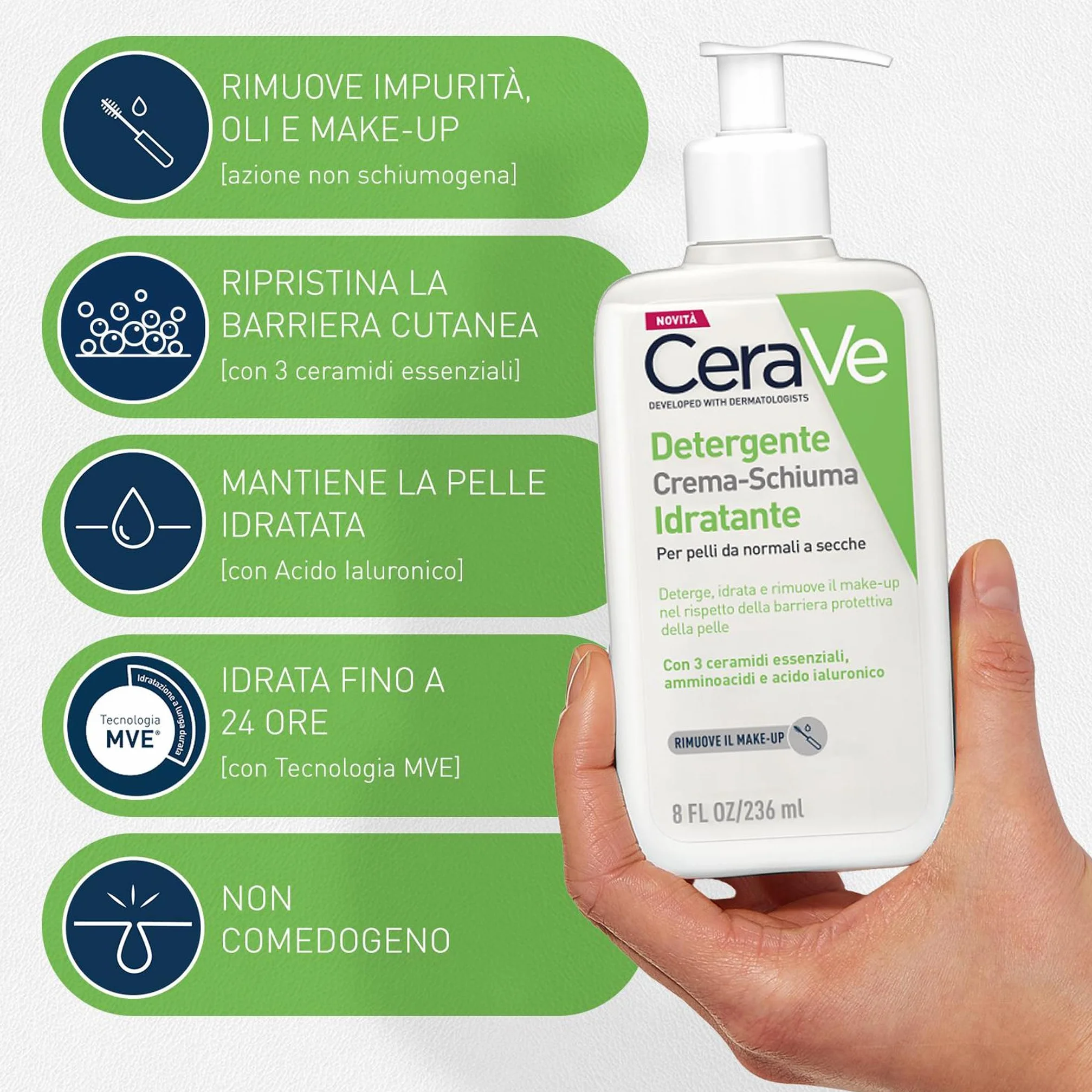 CeraVe Kit Skincare Viso Detergente Schiuma, Per Pelli da Normali a Secche, Con 3 Ceramidi, 236 ml + Crema Idratante SPF 30, 52 ml