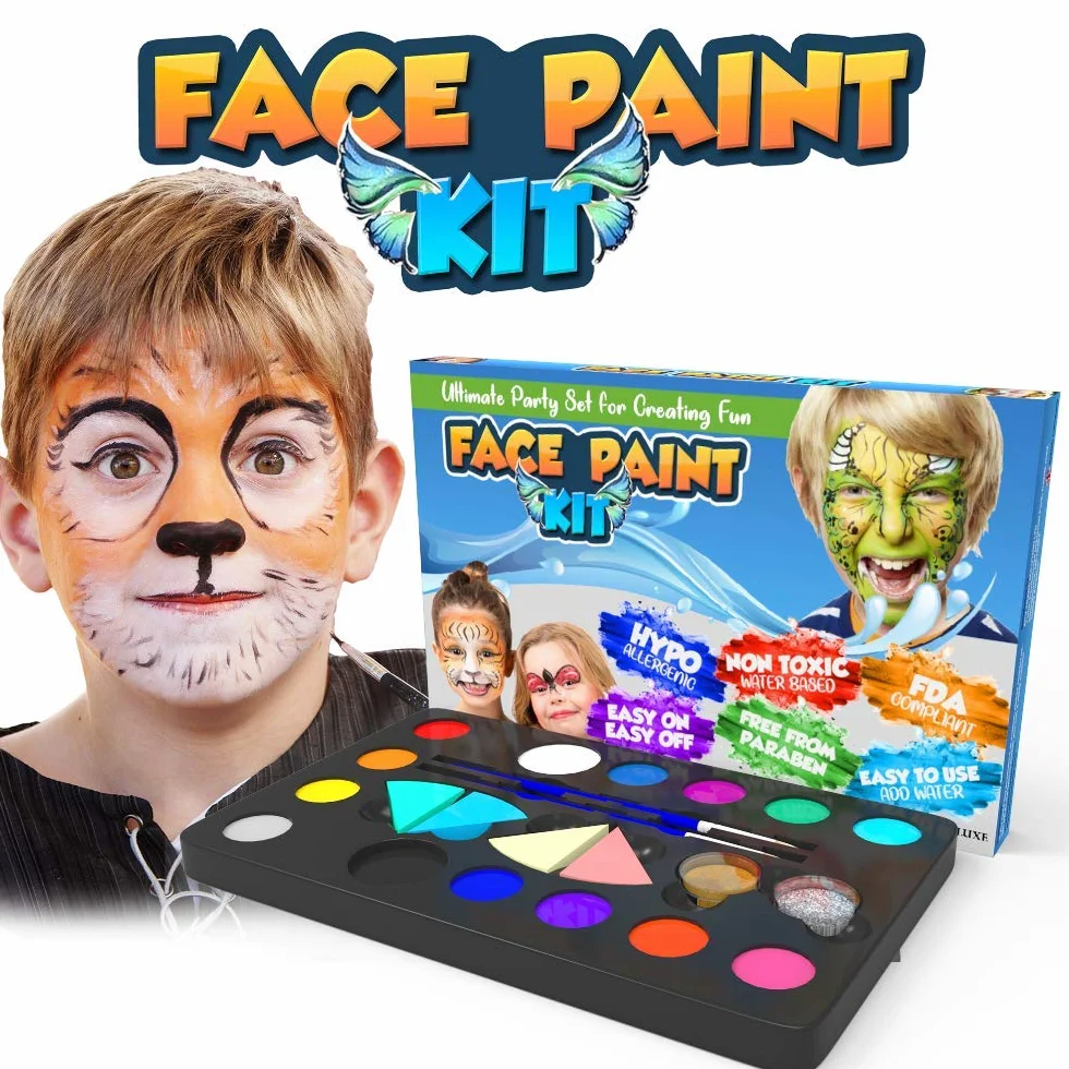 Desire Deluxe Kit Truccabimbi Set Colori per il Viso Tavolozza con Glitter, Stencil e Tatuaggi per Bambini, Ragazzi e Ragazze Regalo Perfetto per Halloween, Natale, Compleanno e Feste