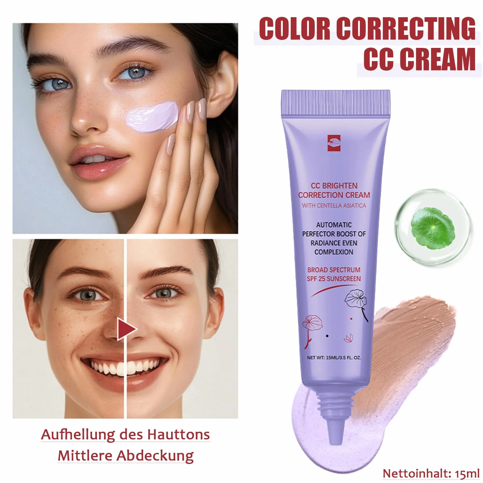 CC Cream Dull Correct, CC Creme cura automatica della carnagione con Centella Asiatica, fondotinta coreana con SPF 25, migliora la carnagione e idrata, impermeabile e durevole