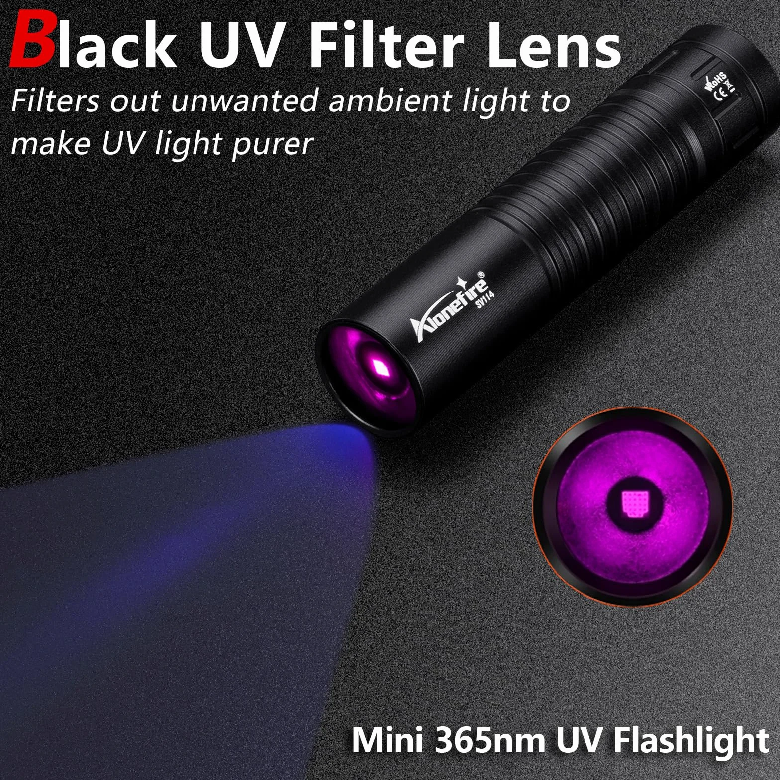 Alonefire SV114 Torcia UV LED Professionale 365nm USB C Ricaricabile Ultravioletti con Batteria