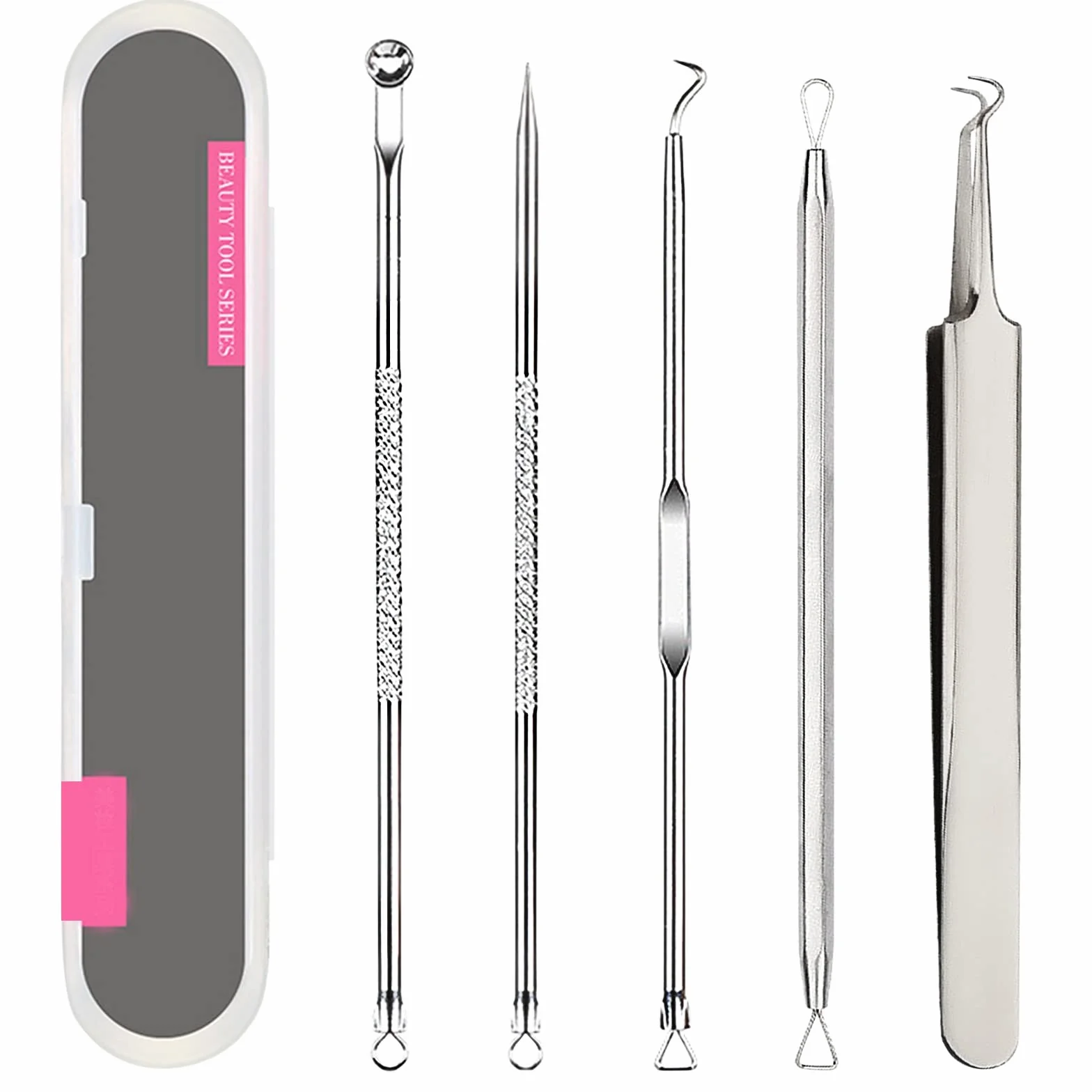 Kit di Strumenti Rimozione Punti Neri 5 Pezzi, Blackhead Estrattore Ago Acne in Acciaio Inossidabile con Scatola, per il Trattamento e la Togli di Comedoni sul Naso o Viso