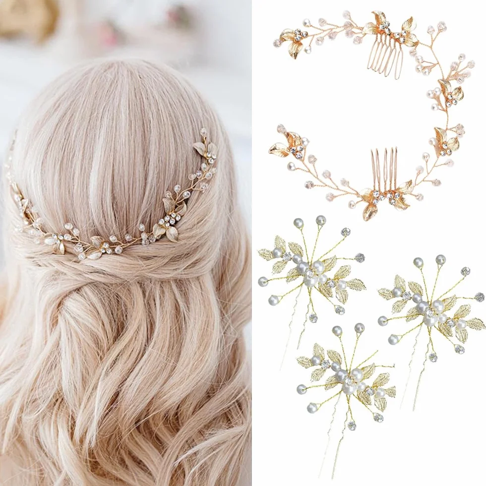 4 Pezzi Accessorio per Capelli da Sposa Pettini per Capelli da Sposa e Forcine a U con Strass Perla Nuziale Decorativo Cerchietto Festa di Nozze per Donne e Ragazze (Oro)