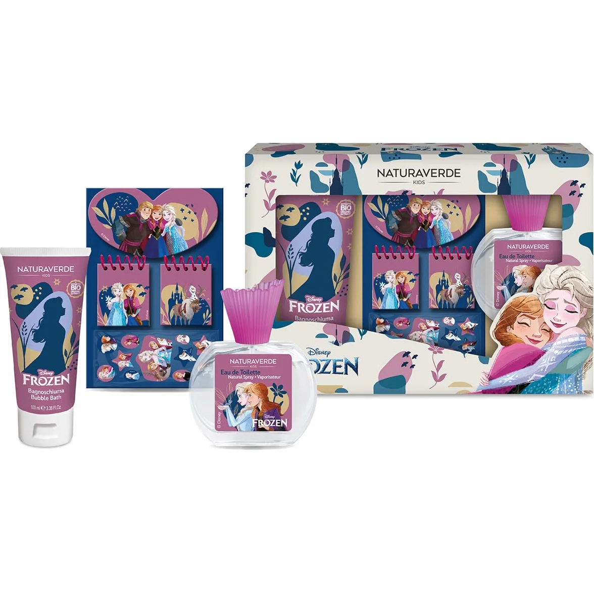 Naturaverde | Kids - Disney Frozen - Confezione Regalo Disney Frozen, Stationery Set, Eau de Toilette Natural Spray da 50ml e Bagnoschiuma in Tubo da 100ml, Set 3 Notebooks e Stickers in Rilievo