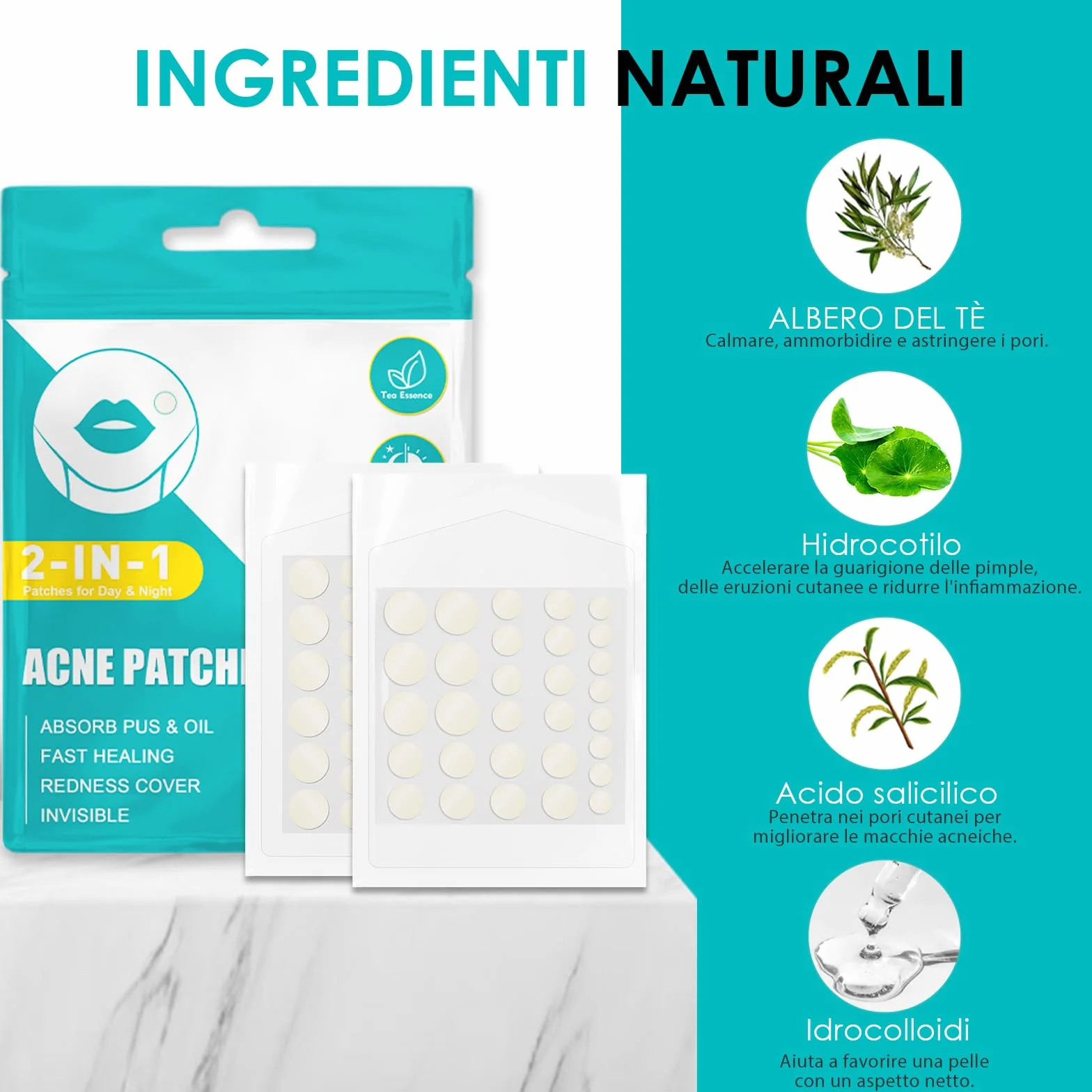 264pcs Cerotti Brufoli Pimple Patch Invisibili Per Acne Idrocolloide Naturale Con Olio Dell'Albero Del Tè E Acido Salicilico Giorno E Notte 2 In 1 Cerotto Impermeabile Patch Brufoli