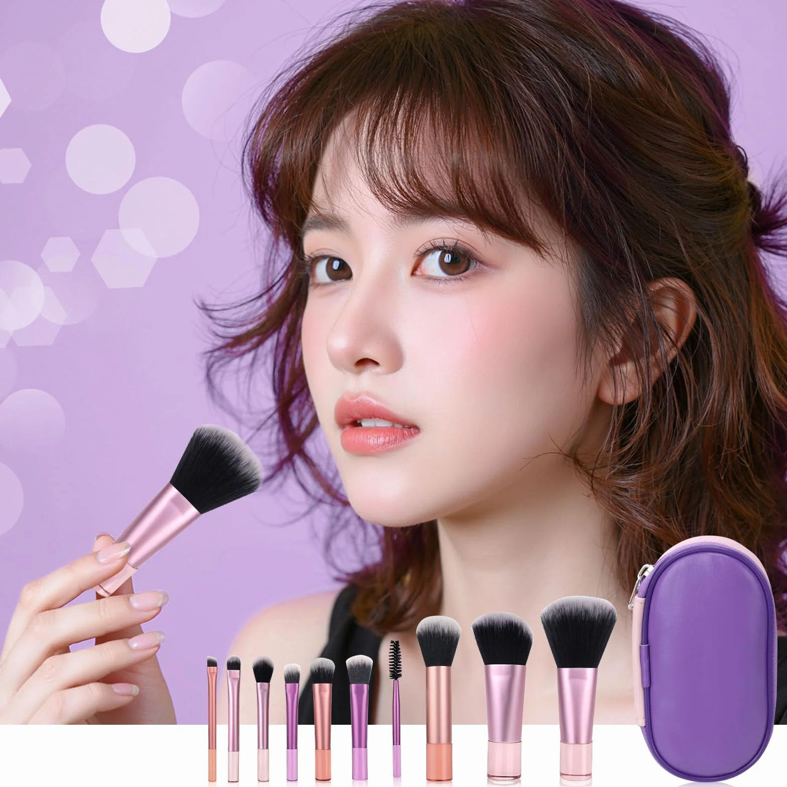 Mini Set di Pennelli per il Trucco, Set di Pennelli per il Trucco da 10 Pezzi da Viaggio con Borsa in Pu, Set di Pennelli per Cosmetici Portatile per Viaggi d'Affari, Vacanze, Campeggio (Rosa e Viola)