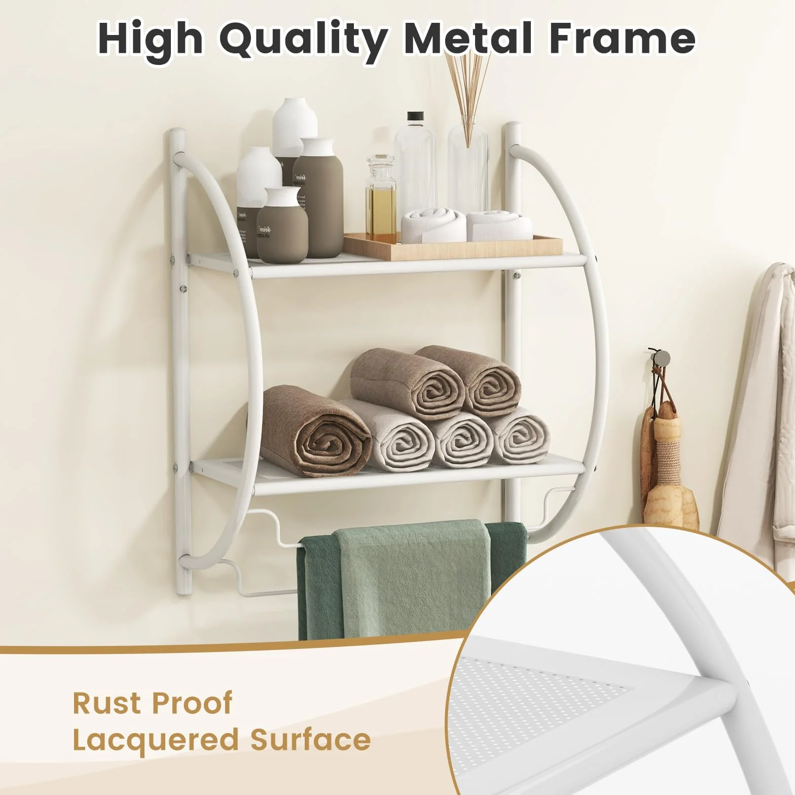 GIANTEX Porta Asciugamani Bagno da Parete, Mensola Doccia con 2 Ripiani e 2 Portasciugamani, Antiruggine, 45x25,5x55 cm Bianco