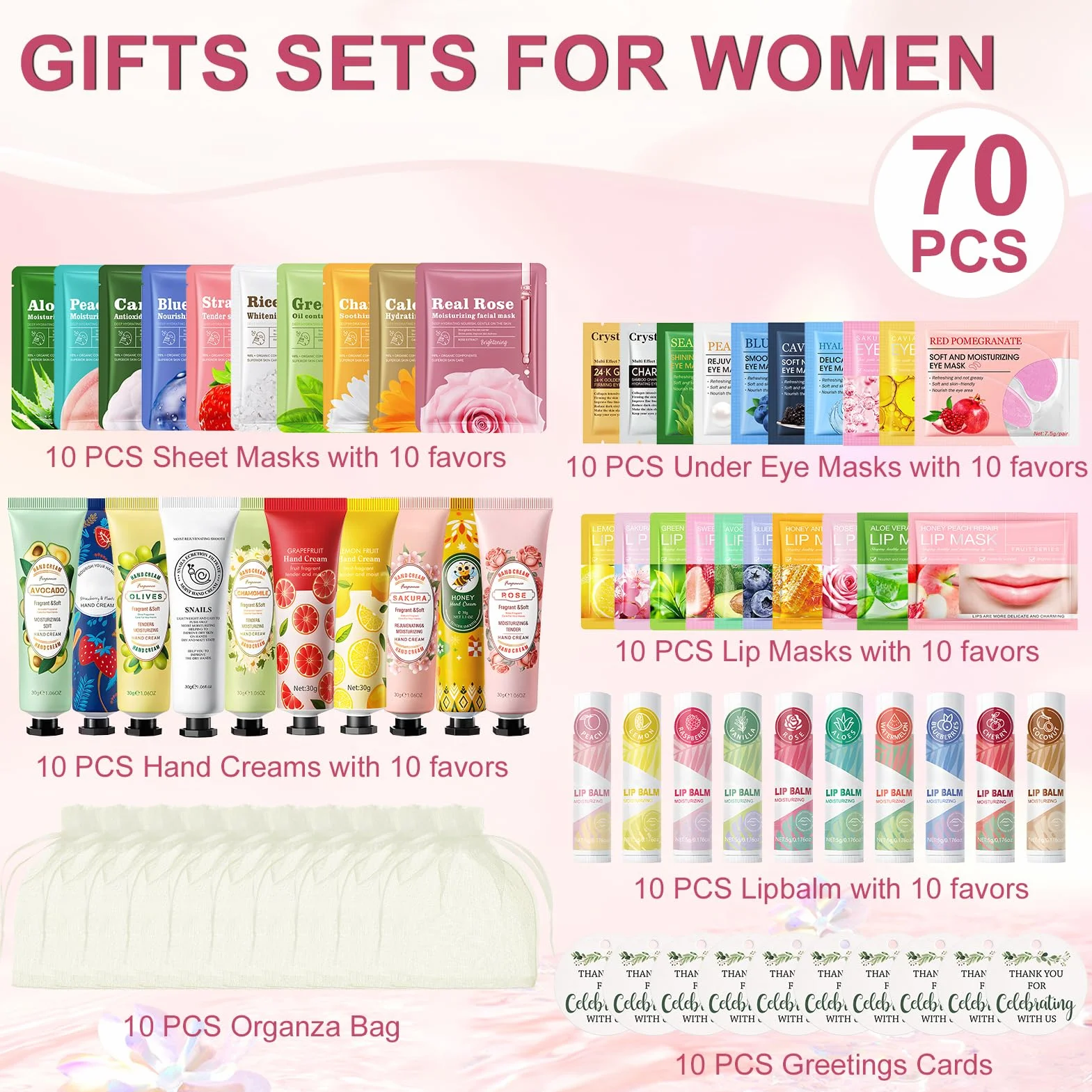70 Pezzi Cofanetto Skincare Donna, Gift Set for Women, Kit Maschere Viso con Creme Mani, Face Mask, Patch Occhiaie, Lip Mask, Lipbalm, Adatto per Articoli per Feste in SPA, Bomboniere per Matrimoni
