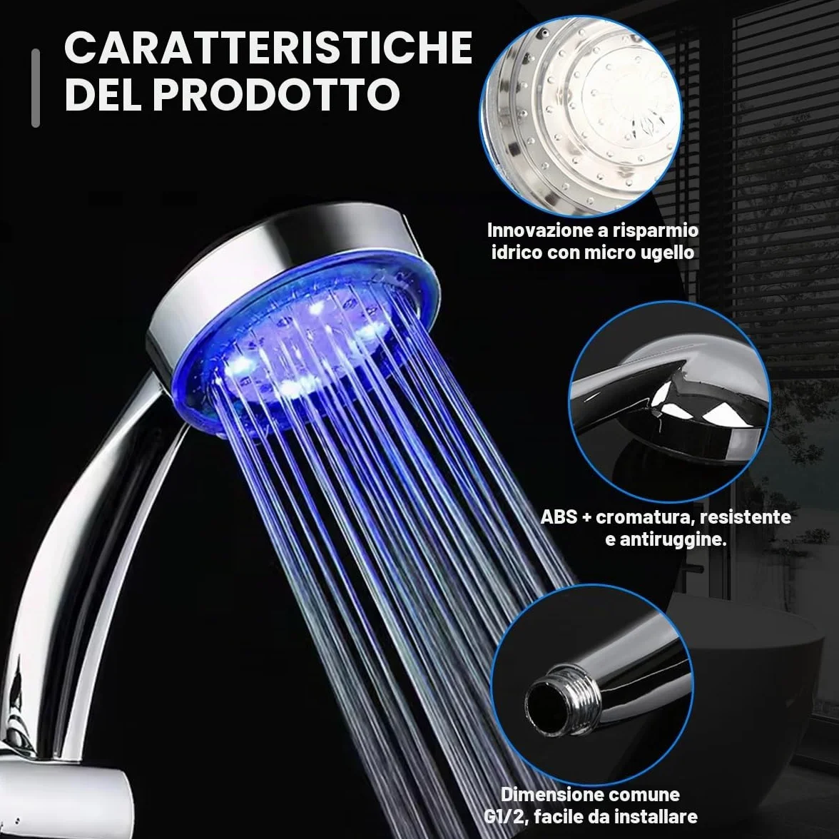 LED Soffione Doccia Luminoso 7 Colori Cromo Universale