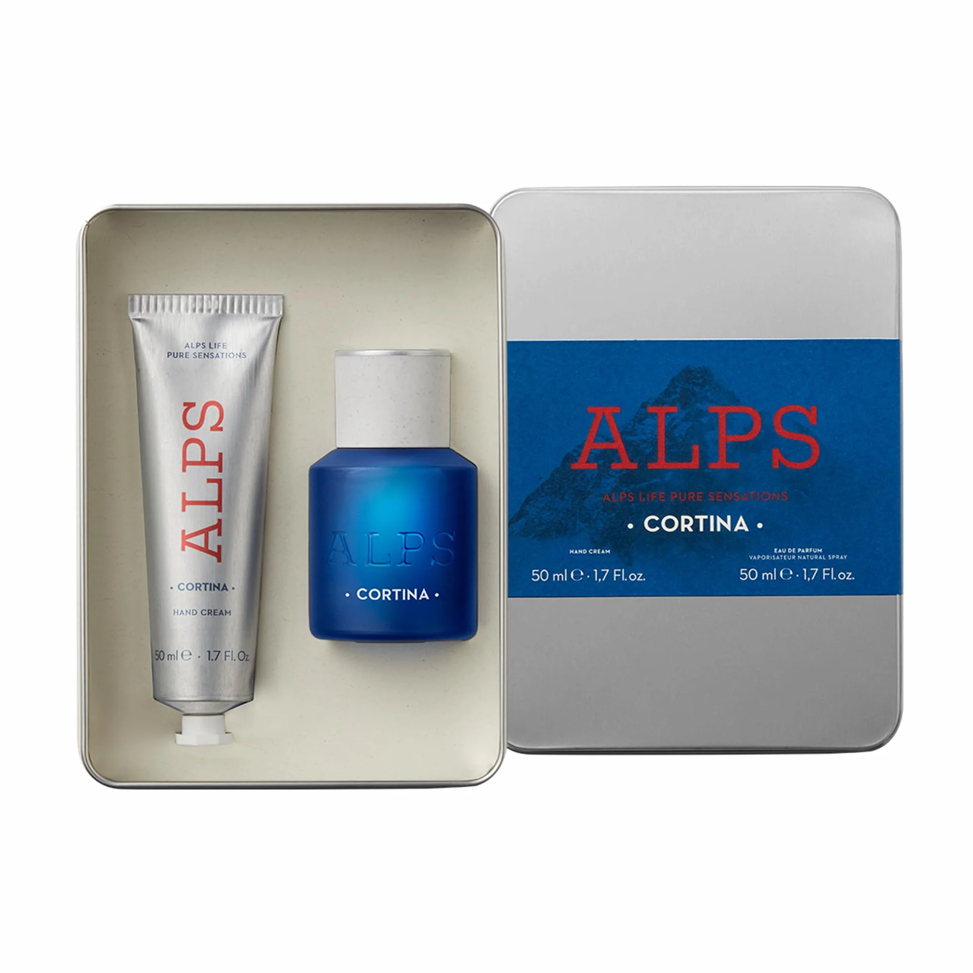ALPS Cortina Metal Box Set Regalo Unisex – Eau de Parfum 50 ml + Crema Mani Profumata 50 ml – Fragranza Fresca Ispirata alle Alpi con Bergamotto, Limone, Cardamomo e Incenso