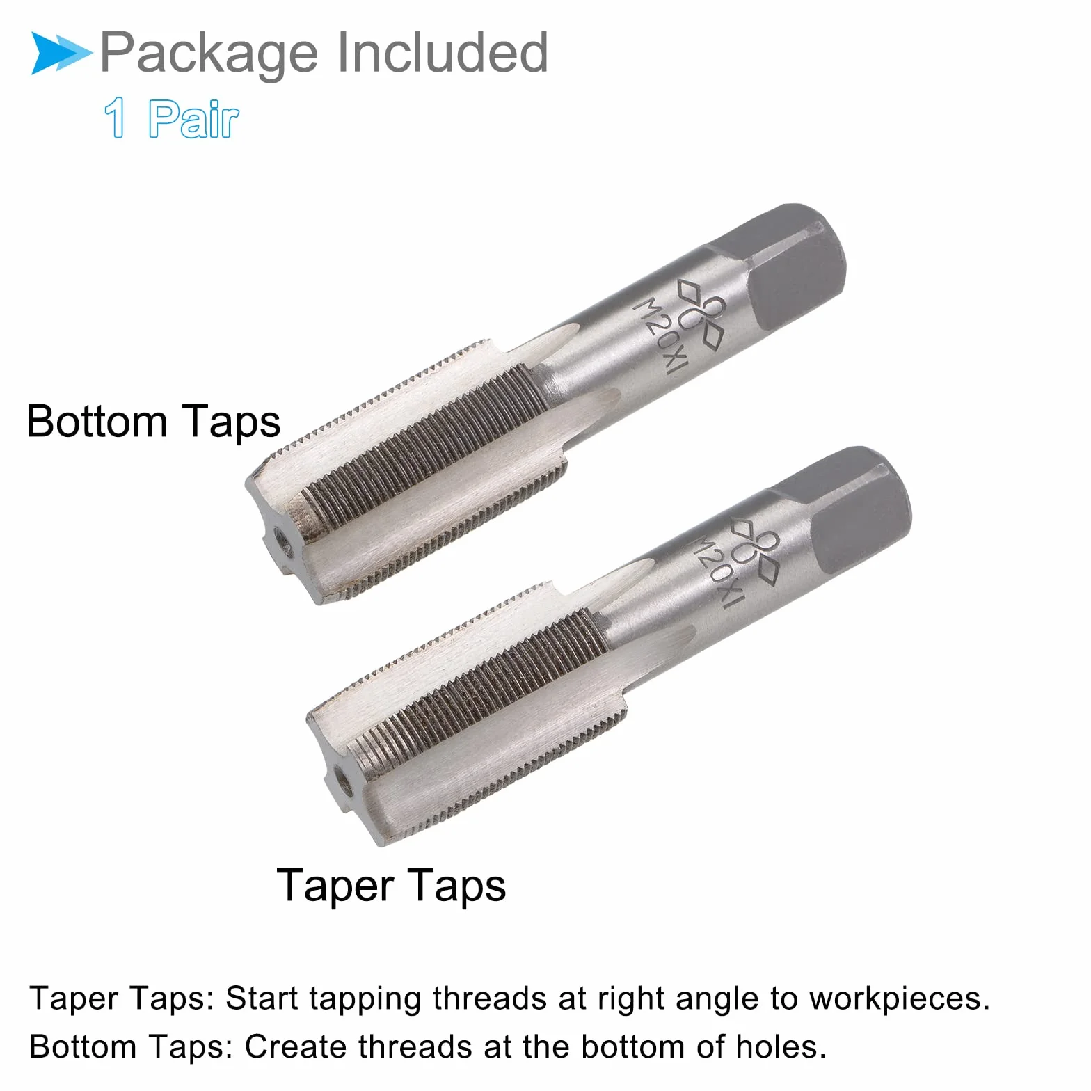 Mano Filettatura Maschi M20 x 1 Metrico Lega Utensile Acciaio Vite Maschiatura Conicità Inferiore 1 paio