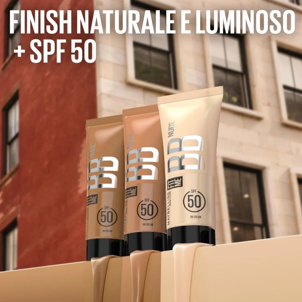 Maybelline New York BB Cream SPF50, Pelle Uniforme, Idratata e Protetta, Arricchita con Pigmenti Che si Uniformano all'Incarnato, Con il 90% di Ingredienti Skincare, Fit Me BB Nude, Tonalità: 50, 30ml