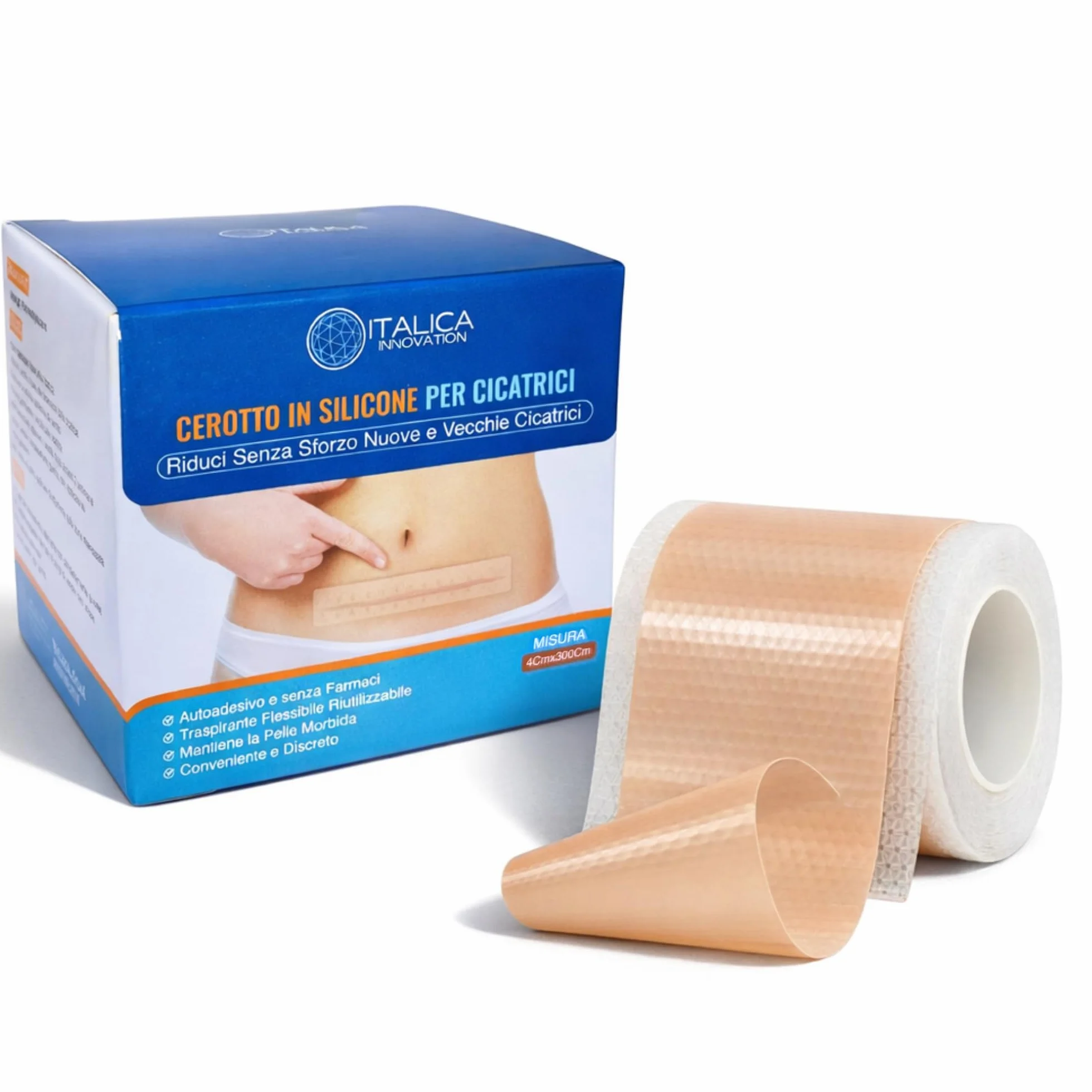 Cerotti in Silicone per Cicatrici, 4x300cm, Ipoallergenici e Riutilizzabili, Impermeabili Post Operatorio, per Cicatrici Chirurgiche, Cesareo, Acne e Cheloidi
