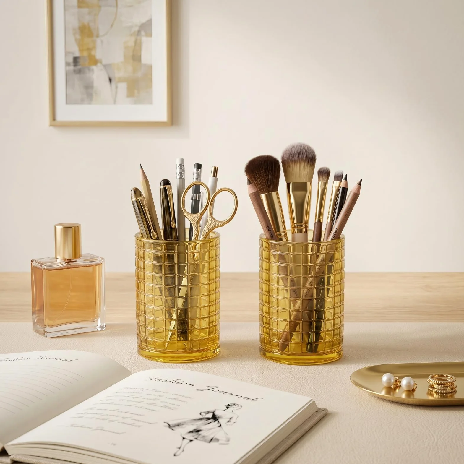 Organizer per pennelli da trucco, contenitore portaoggetti in vetro con motivo a griglia, multifunzionale, per spazzolino da denti, penne, matite, decorazione per la casa, centrotavola, matrimoni