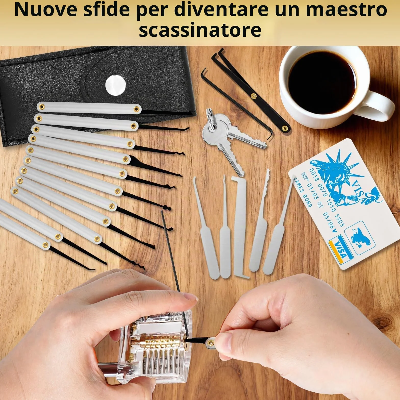 Fabbro Kit Apertura Serratura Universale Lockpicking con Lucchetto Trasparente da Allenamento e Grimaldelli Carta di Credito Set Principianti