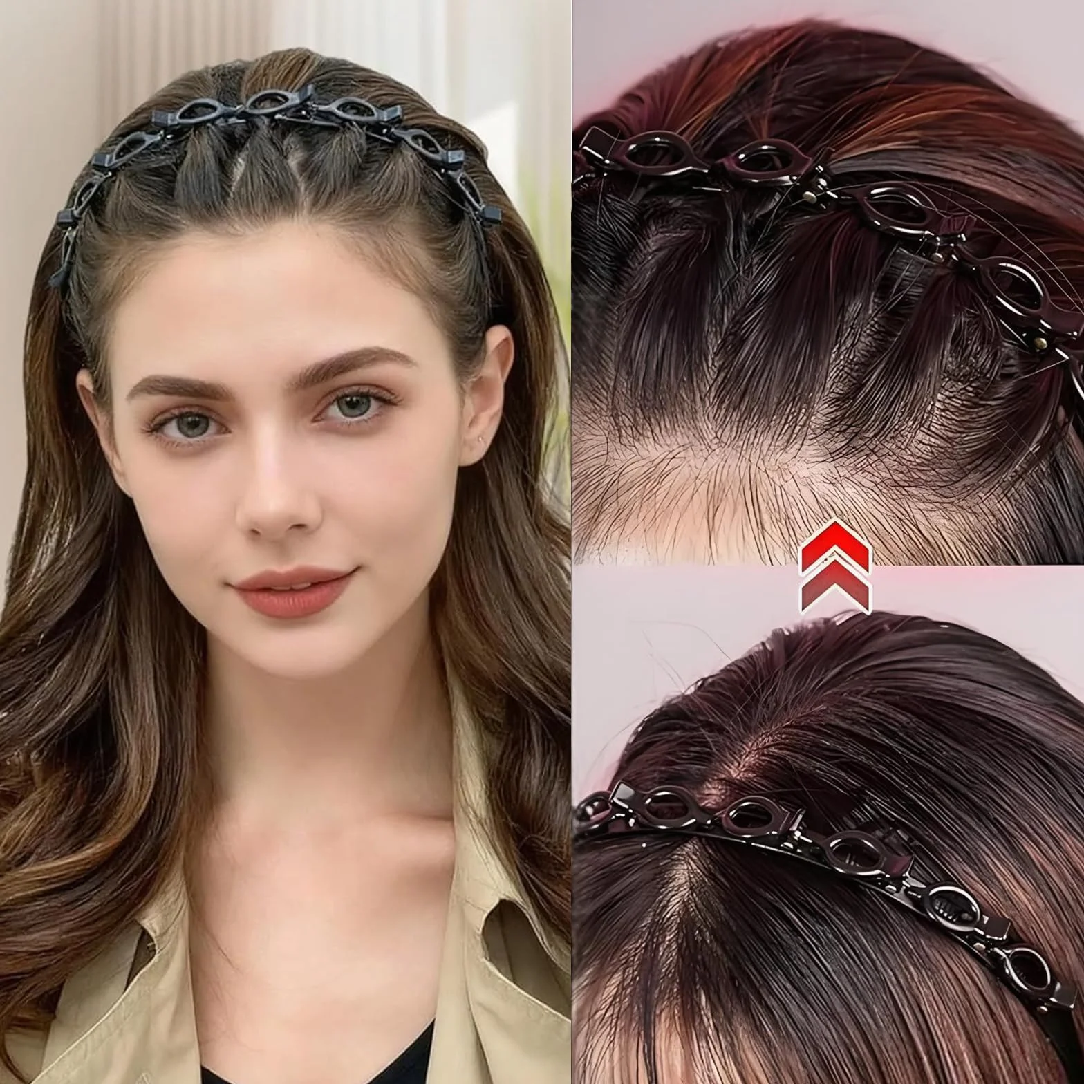 2 Cerchietti per Capelli con Fermagli, Forcina per Capelli a Doppia Frangia, Cerchietto con Clip a Forcina, Fermagli per Capello Intrecciati