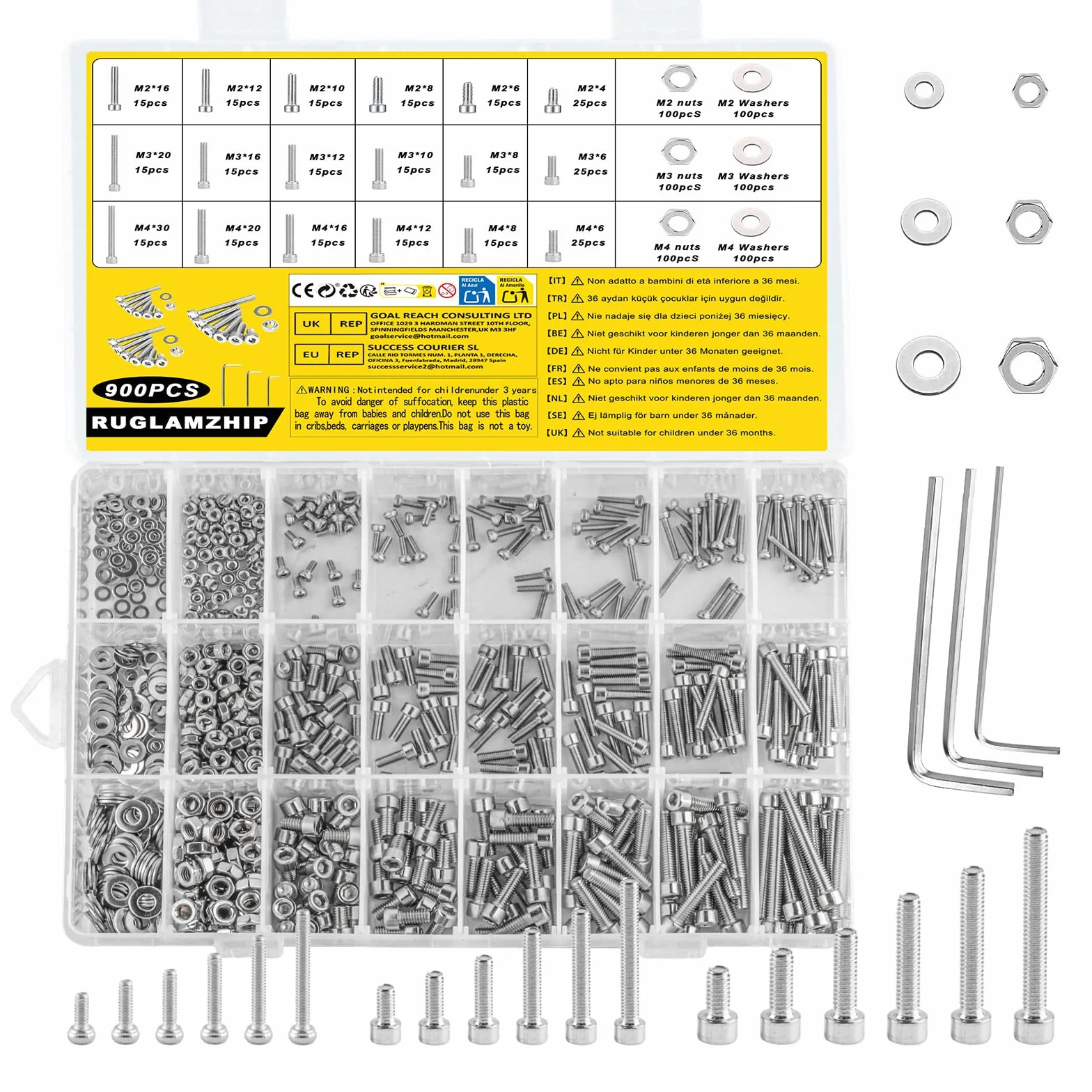 Set di Viti M2 M3 M4 Brugola, Bulloni Esagono Incassato e Dadi Rondelle Acciaio Inox 900 Pezzi
