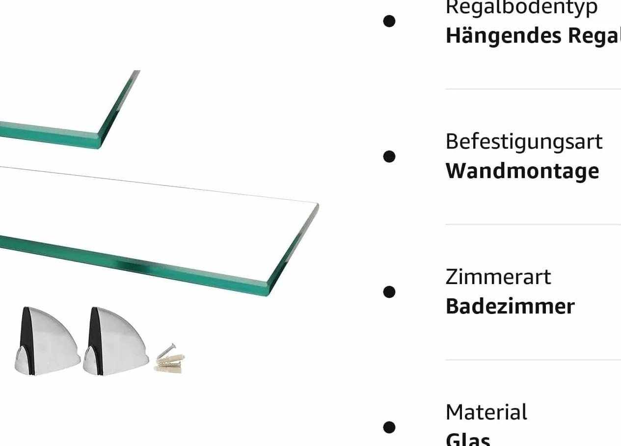 Mensola da parete in vetro ESG 6 mm 90 x 17,8 cm per bagno doccia con staffe in metallo trasparente