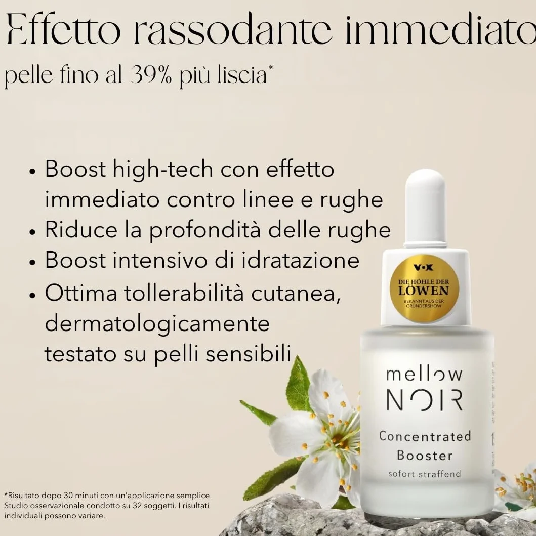 mellow NOIR Concentrated Booster 15ml | EFFETTO RASSODANTE IMMEDIATO | Siero viso all'acido ialuronico | Siero contorno occhi | Trattamento occhi e viso | Vegano | Cosmesi naturale certificata