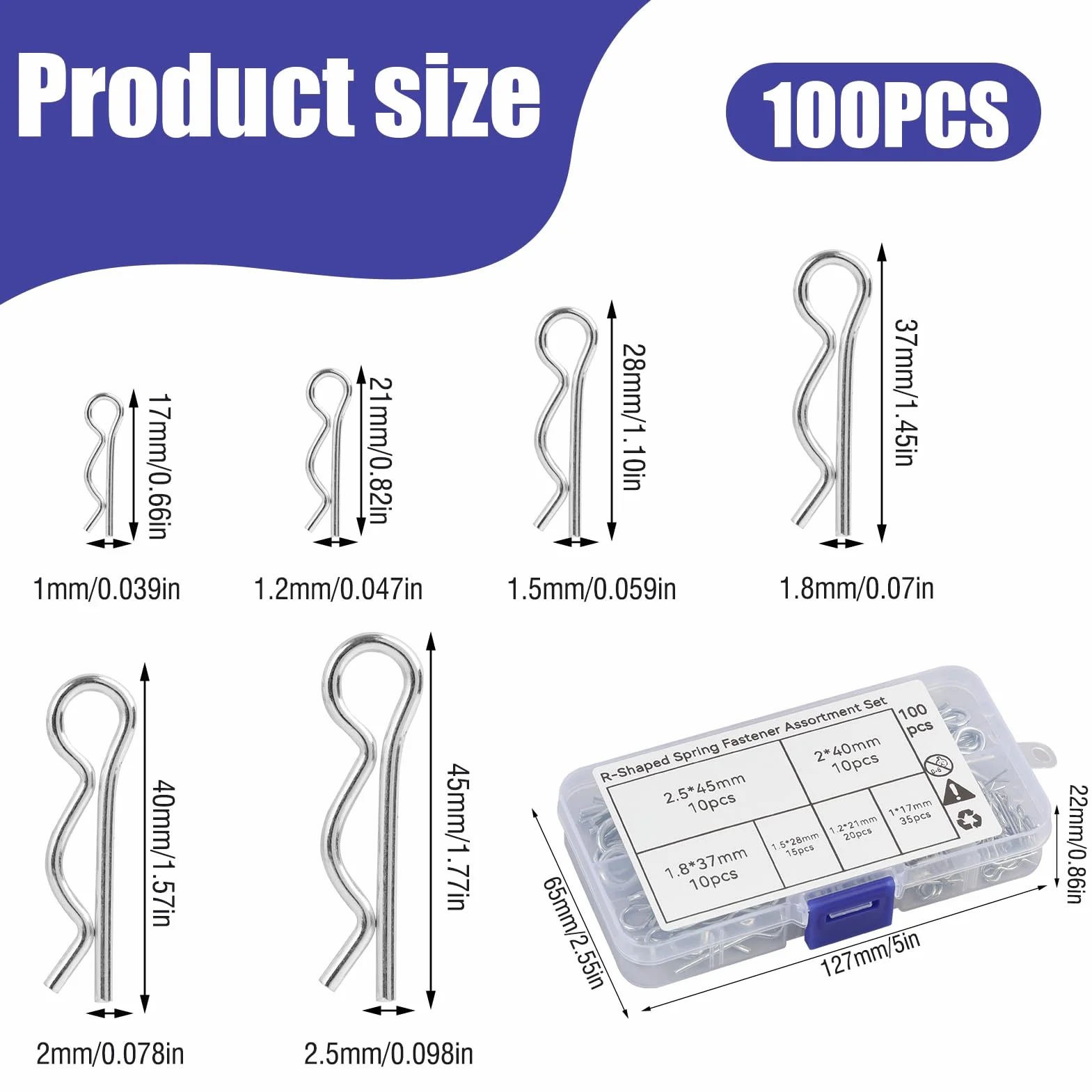 R Clip Perni di Fissaggio in Acciaio Inossidabile Set Coppiglie a Molla 6 Misure Diverse per Auto Rimorchi Tosaerba